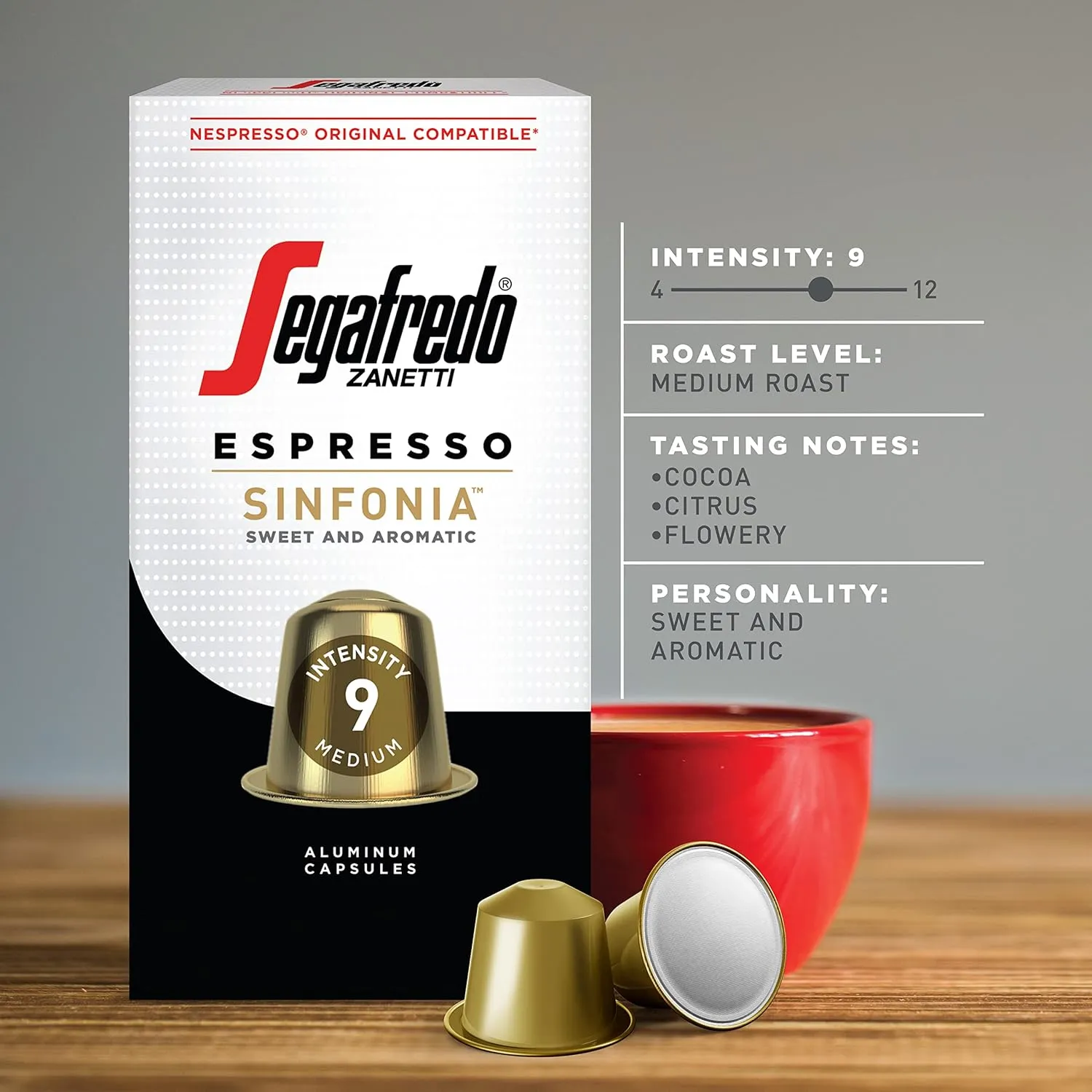 Segafredo Zanetti Sinfonia Espresso Capsules, Medium - Medium Dark Roast, Intensity 9, Compatible with Nespresso Original Machines, 10 Count Aluminum Pods (Pack of 4)