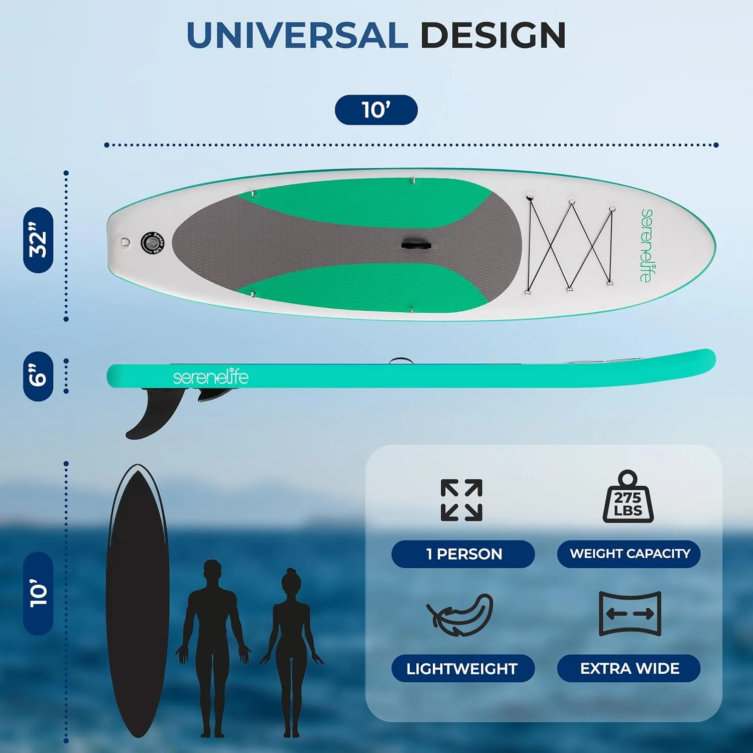 SereneLife Inflatable Stand Up Paddle Board with Premium SUP Accessories, Wide Stable Design, Non-Slip EVA Deck Pad for Youth and Adults
