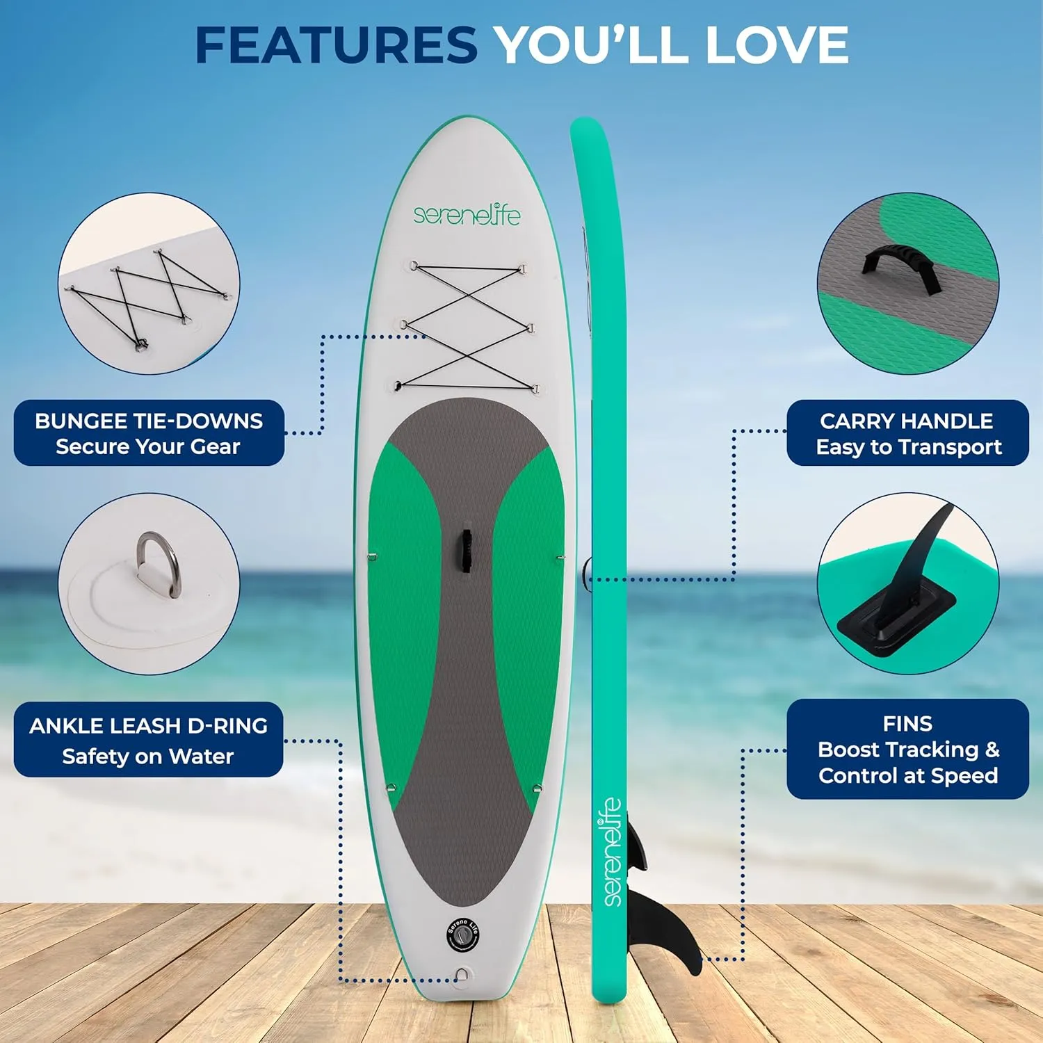 SereneLife Inflatable Stand Up Paddle Board with Premium SUP Accessories, Wide Stable Design, Non-Slip EVA Deck Pad for Youth and Adults