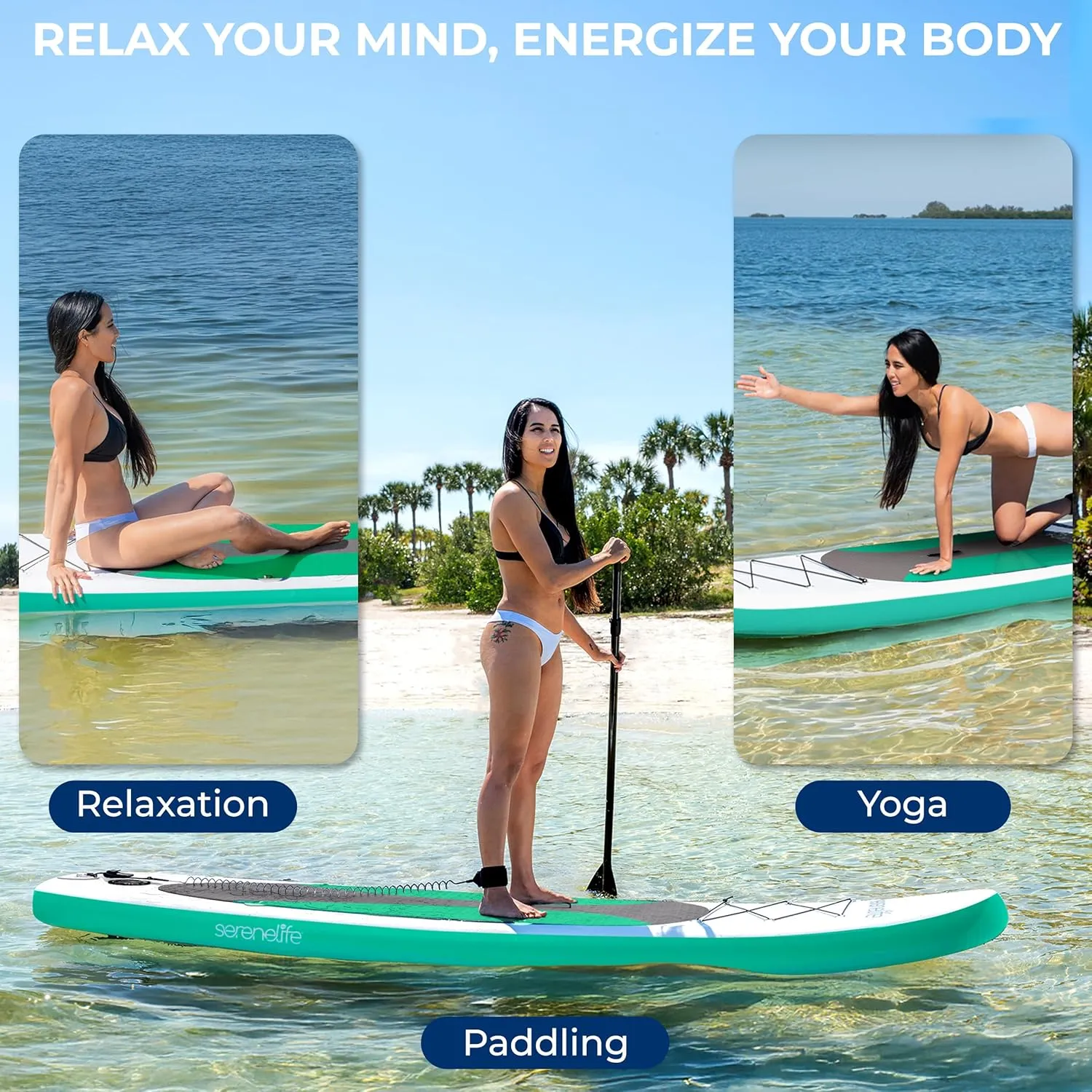 SereneLife Inflatable Stand Up Paddle Board with Premium SUP Accessories, Wide Stable Design, Non-Slip EVA Deck Pad for Youth and Adults
