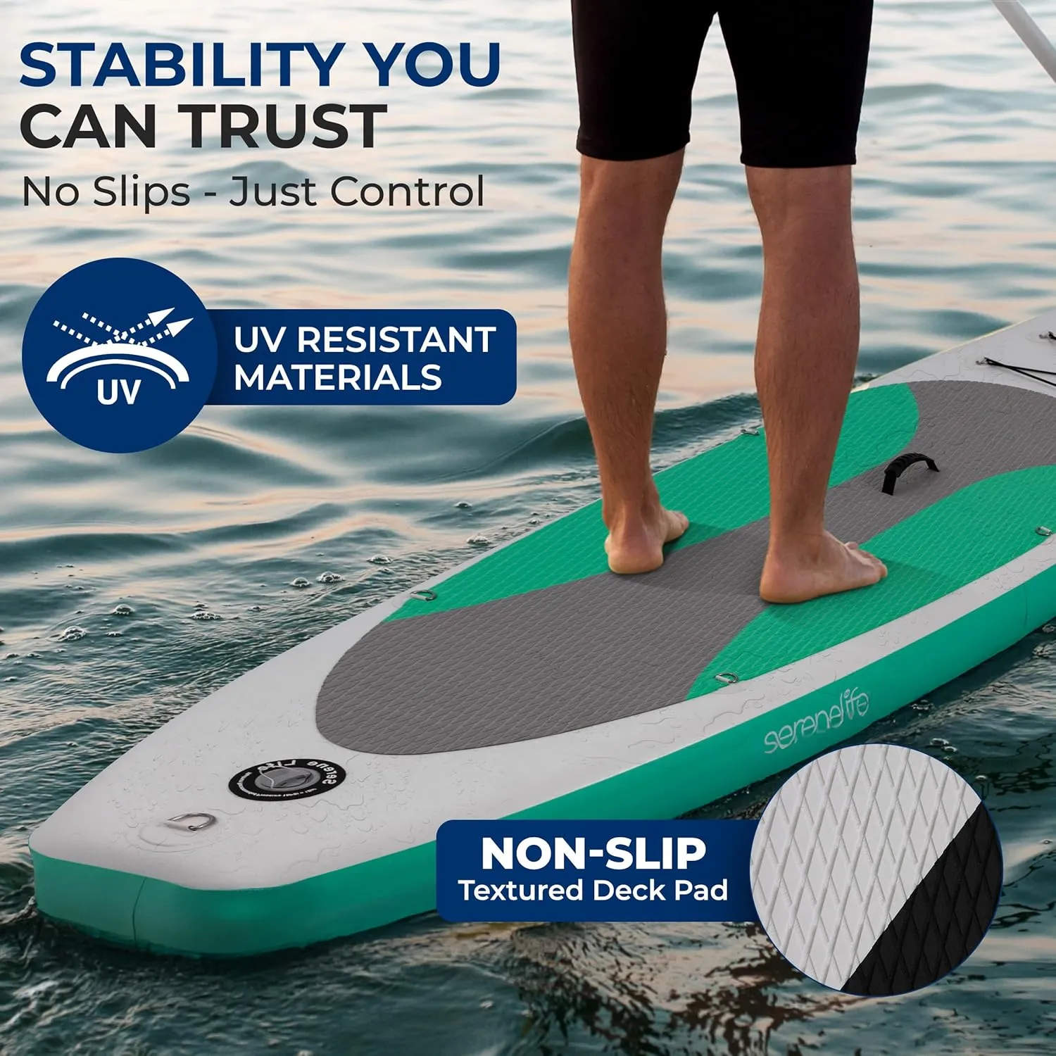 SereneLife Inflatable Stand Up Paddle Board with Premium SUP Accessories, Wide Stable Design, Non-Slip EVA Deck Pad for Youth and Adults