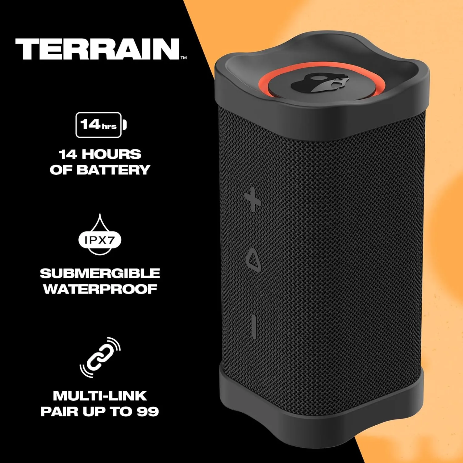 Skullcandy Terrain Wireless Bluetooth Speaker - IPX7 Waterproof Portable Speaker with Dual Custom Passive Radiators, 14 Hour Battery, Nylon Wrist Wrap, & True Wireless Stereo