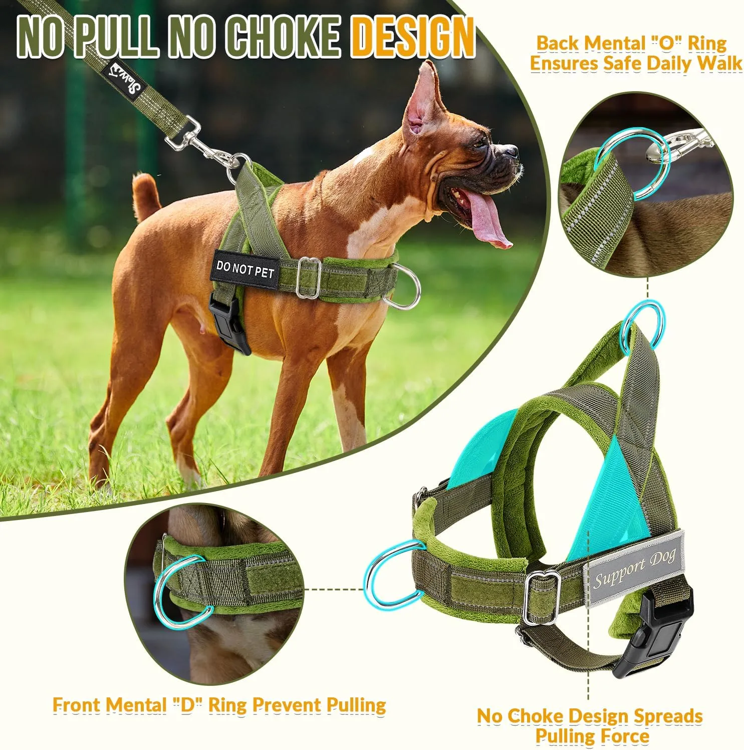 SlowTon No Pull Dog Harness - Heavy Duty Dog Harness and Leash Set for Medium Large Dogs, Reflective Tactical Harness with Soft Padded and Front Clip for Easy Walk and Training (Green L)