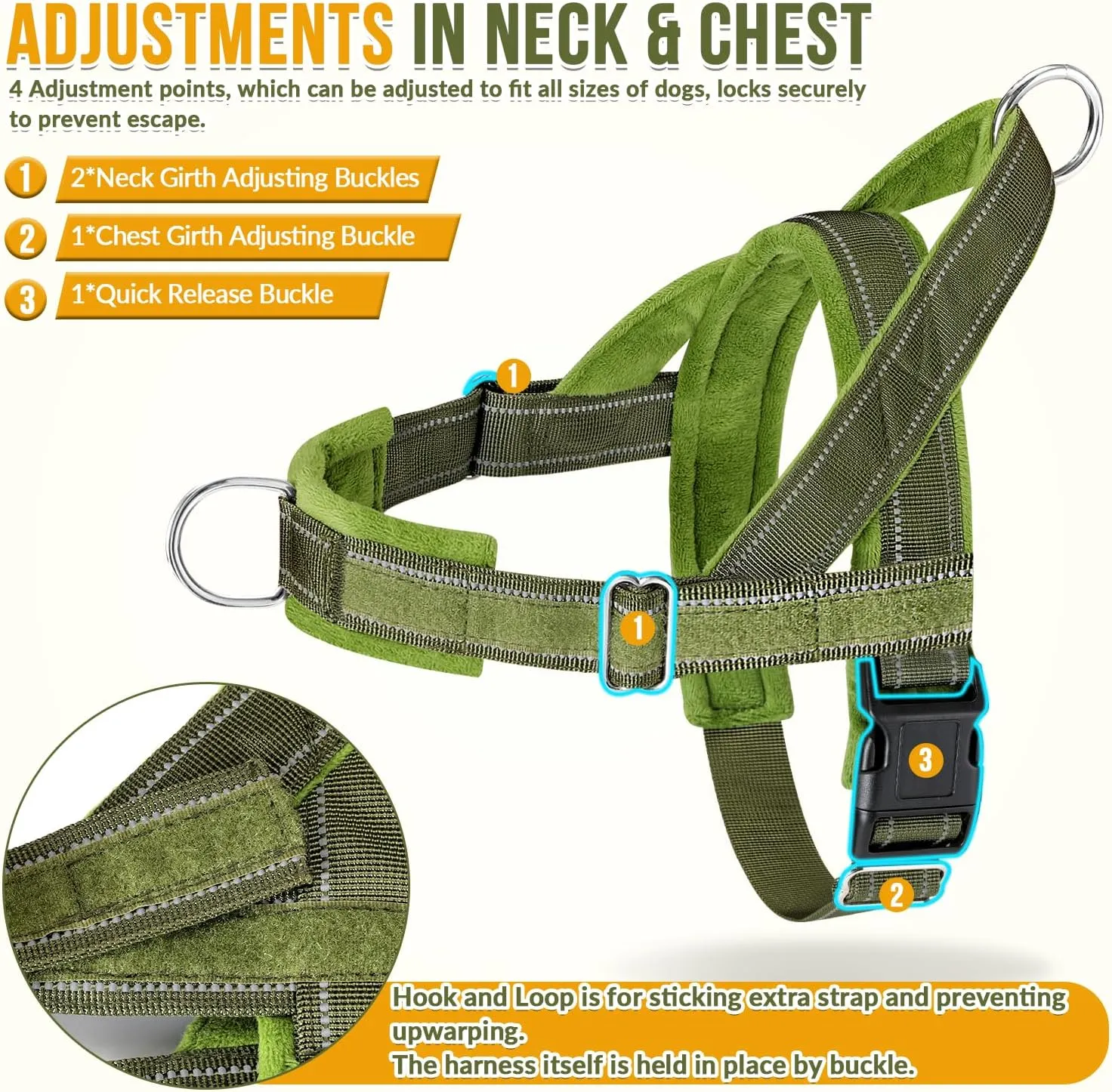 SlowTon No Pull Dog Harness - Heavy Duty Dog Harness and Leash Set for Medium Large Dogs, Reflective Tactical Harness with Soft Padded and Front Clip for Easy Walk and Training (Green L)