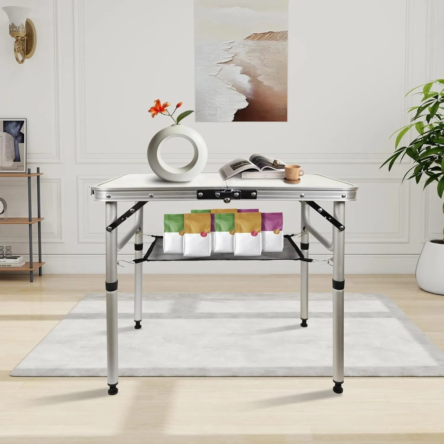 Small Folding Table 2FT Portable Camping Side Table, Ultralight Aluminum Folding with Mesh Layer for Outdoor Cooking, Picnic, Camp, Boat, Travel