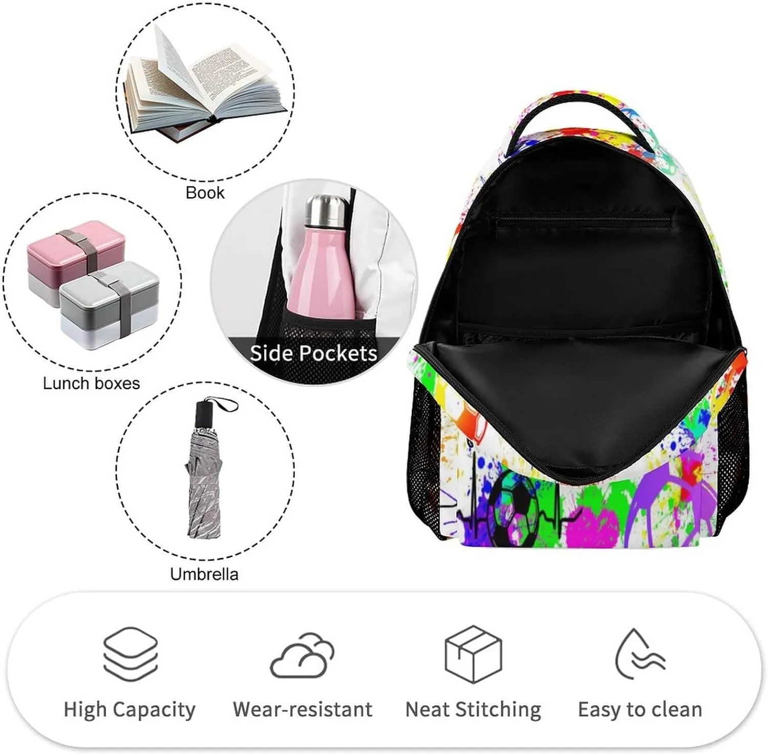 Soccer Backpack for Kids Girls Boys School, 16 Inches Cool Soccer Theme Bookbag, Adjustable, Durable, Lightweight, Large Capacity, Colorful Soccer Backpack for School