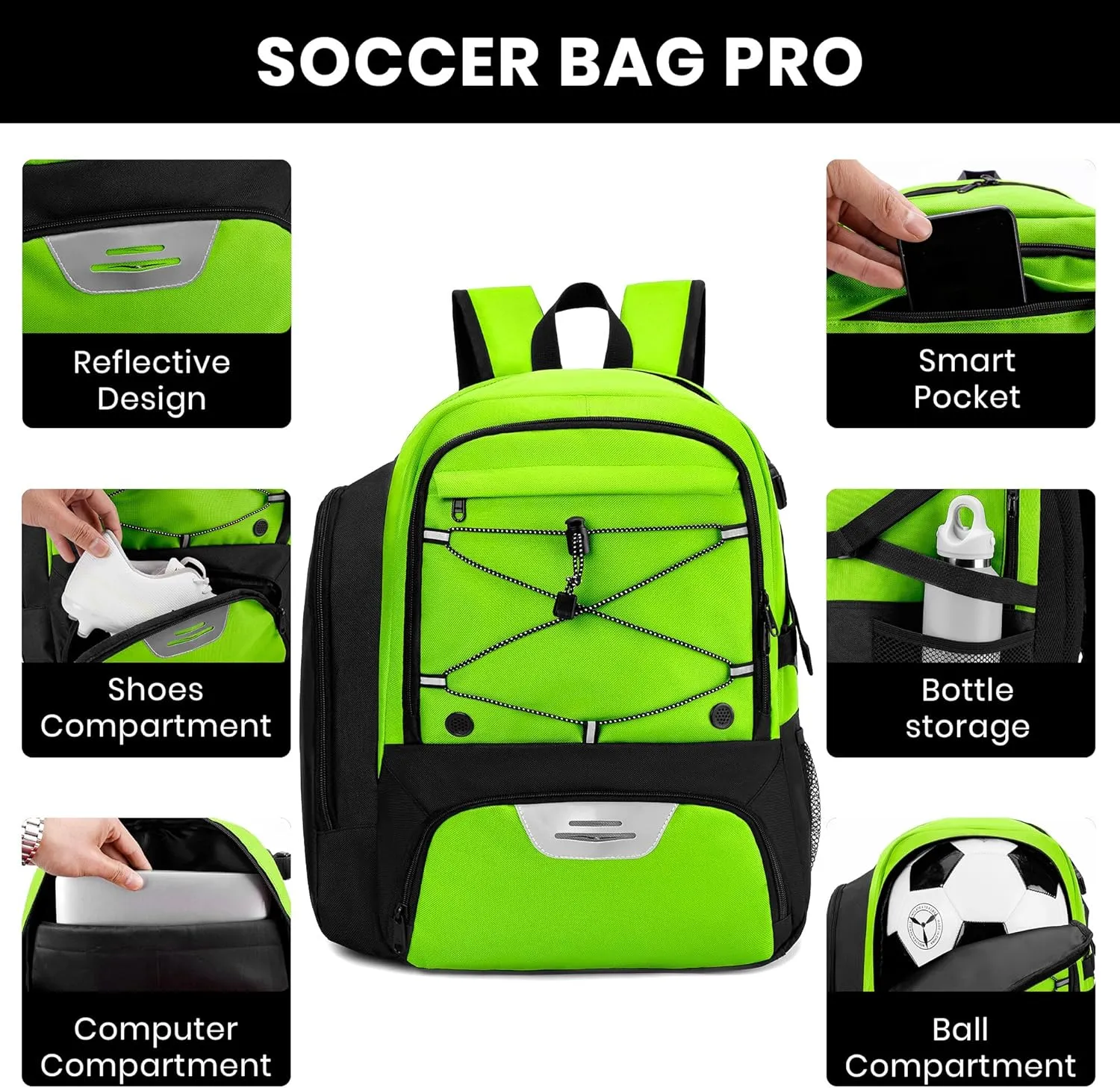 Soccer Backpack with Ball Holder,Youth soccer Bag for Basketball,Volleyball-Includes Separate Shoe Compartment&and Insulation (Green)