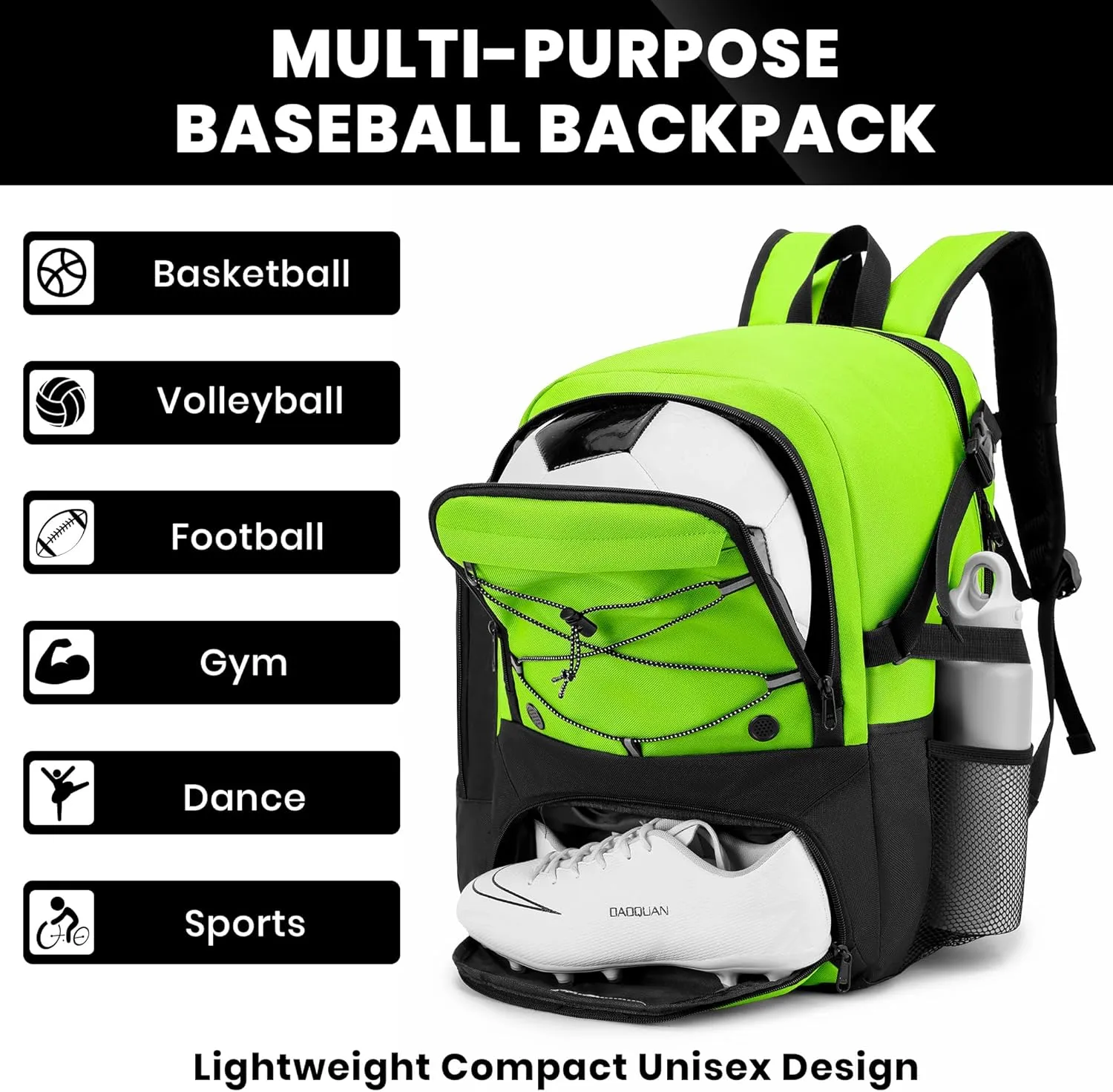 Soccer Backpack with Ball Holder,Youth soccer Bag for Basketball,Volleyball-Includes Separate Shoe Compartment&and Insulation (Green)