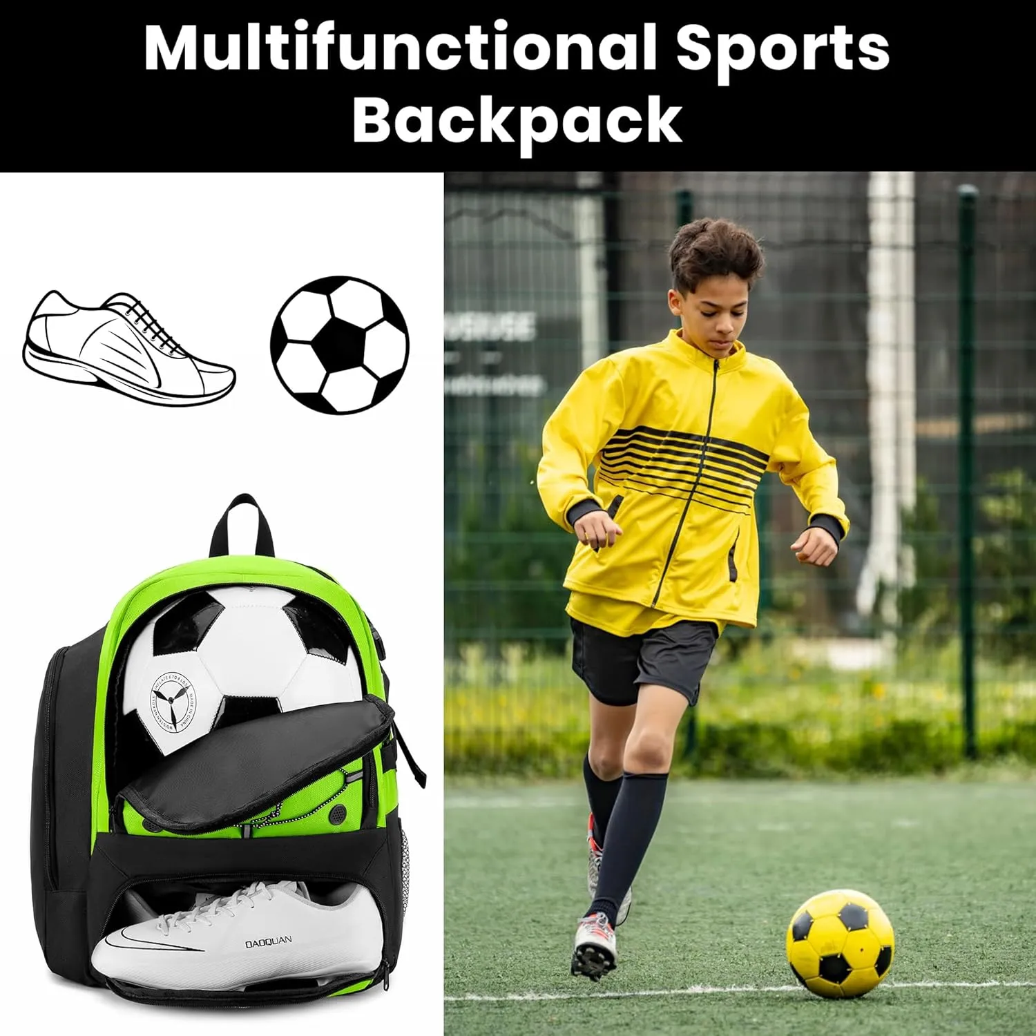 Soccer Backpack with Ball Holder,Youth soccer Bag for Basketball,Volleyball-Includes Separate Shoe Compartment&and Insulation (Green)