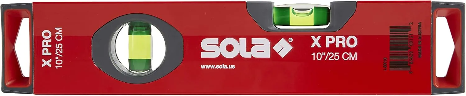 SOLA LSX10 X PRO Aluminum Box Profile Spirit Level with 2 60% Magnified Vials, 10-Inch, Red