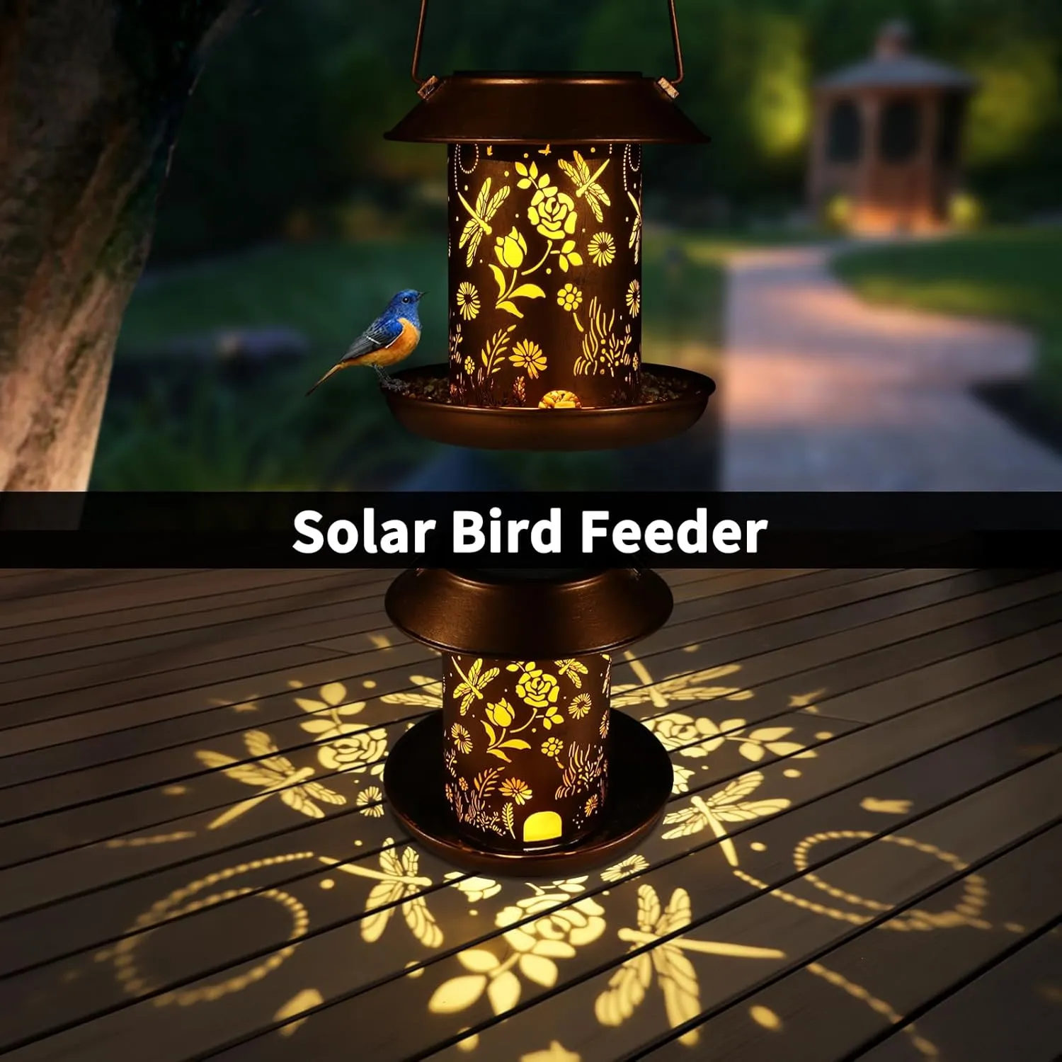 Solar Bird Feeder for Outdoors Dragonfly Solar Lanterns Metal Waterproof Outside Wild Bird Feeders Birthday Gifts for Women Mom Grandma Outdoor Hanging Garden Decor Lights for Yard, Patio, Landscape