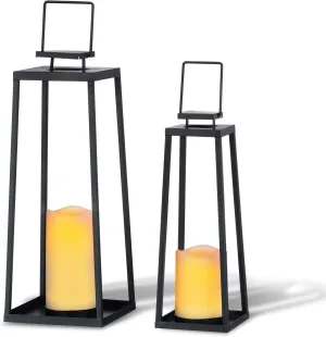 Solar Lantern Decorative Outdoor Set of 2 (18’’ & 15’’) Modern Black Metal Lanterns with Solar Candles, Decorative Candle Lanterns for Outdoor Porch, Patio, Garden, Yard Decor