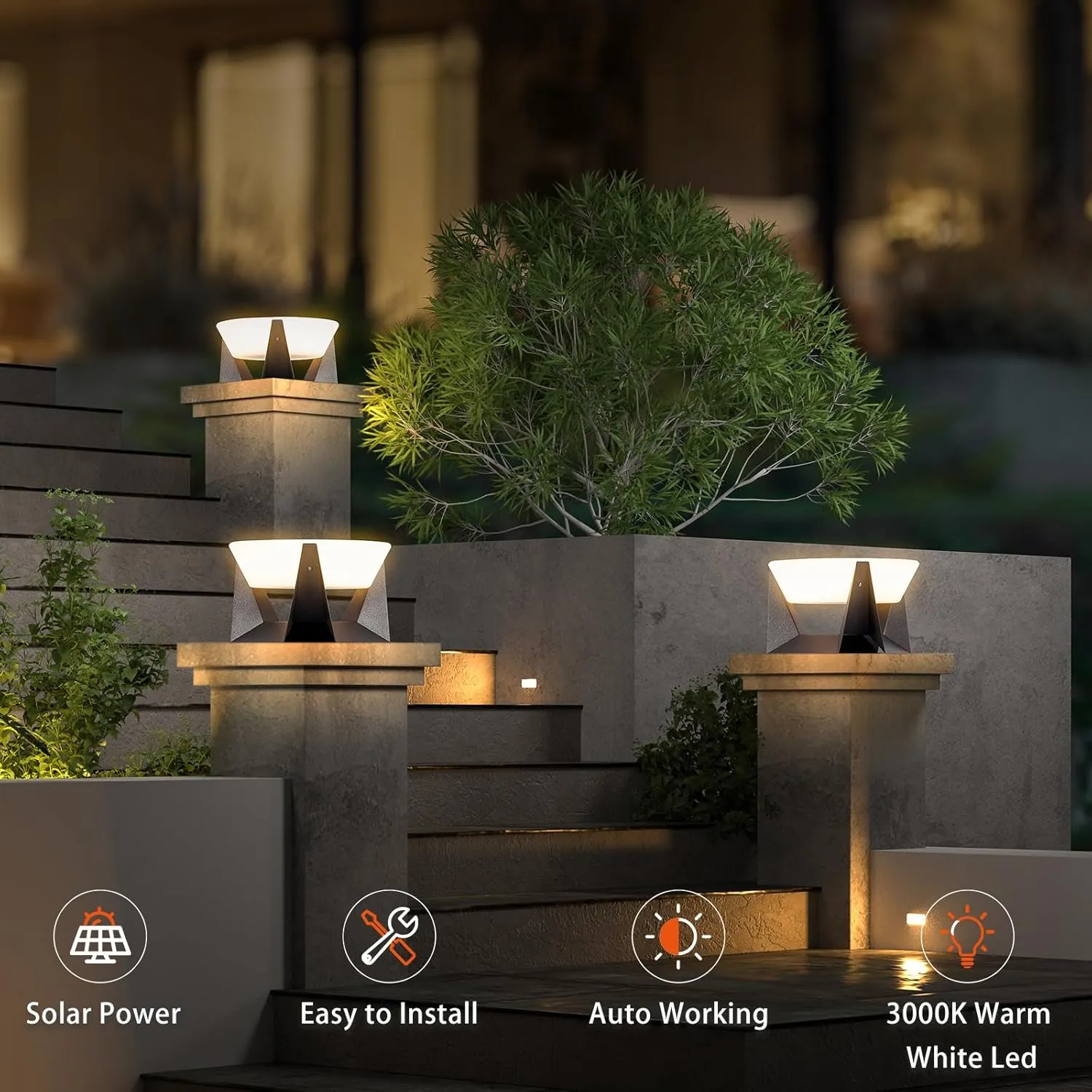 Solar Post Light, 14.9'' Outdoor Pillar Lights Fixture Waterproof, Modern Fence Column Cap Lamp Dusk to Dawn 3000K LED Lantern Landscape Lighting Solar Powered for Deck Patio Garden Yard Driveway
