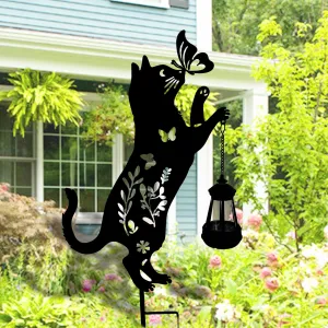 Solar-Powered Metal Cat Stake Light Outdoor - Decorative Garden Lawn Yard Decor with Cute Black Cat & Lantern Design, Weather-Resistant Animal Statue for Night Illumination Halloween/Seasonal Decor
