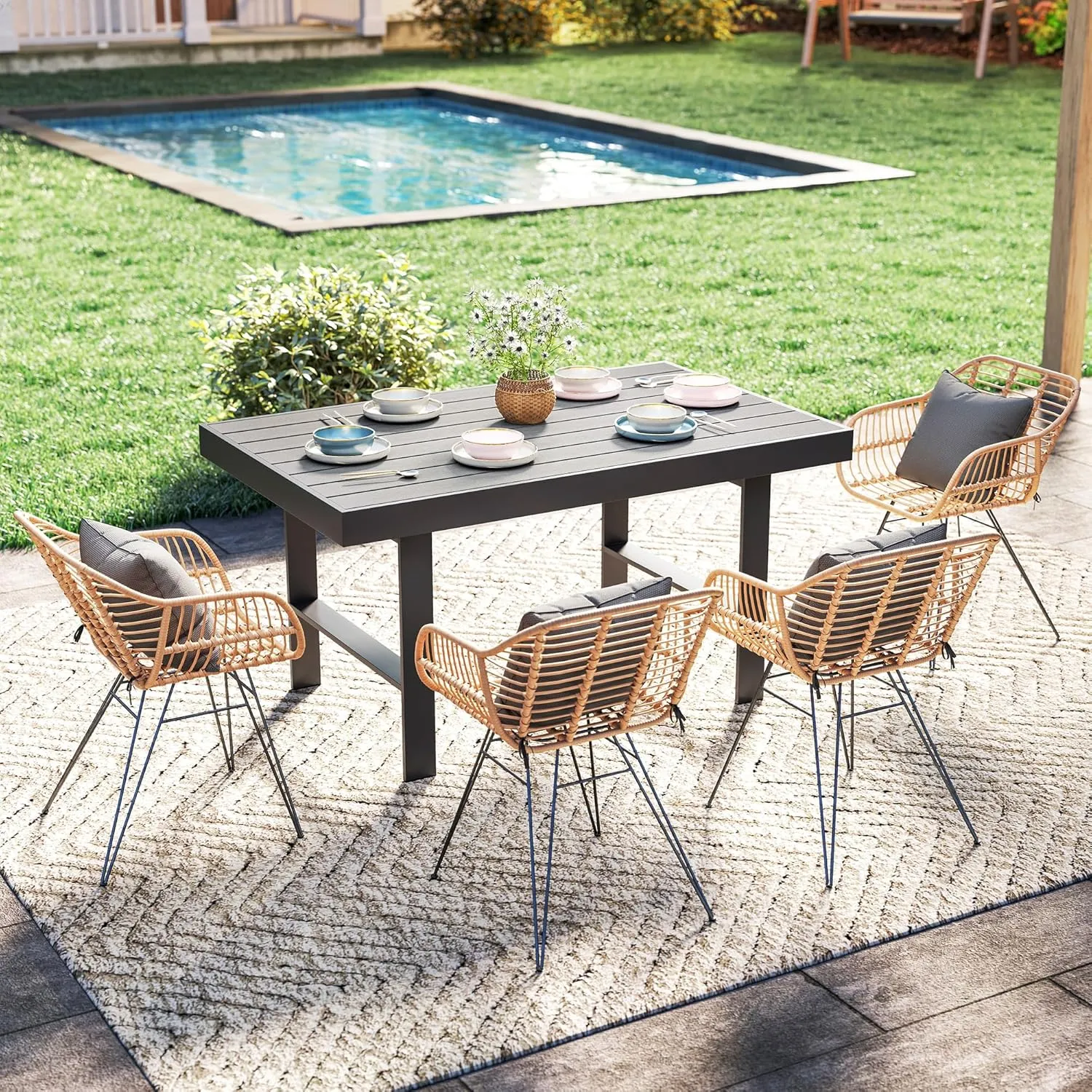 Solaste Aluminum Outdoor Dining Table, All-Weather Rectangle Metal High Patio Coffee Table for Balcony, Garden, Multifunctional Dining Table Coffee Table, Indoor or Outdoor Use, Grey/White