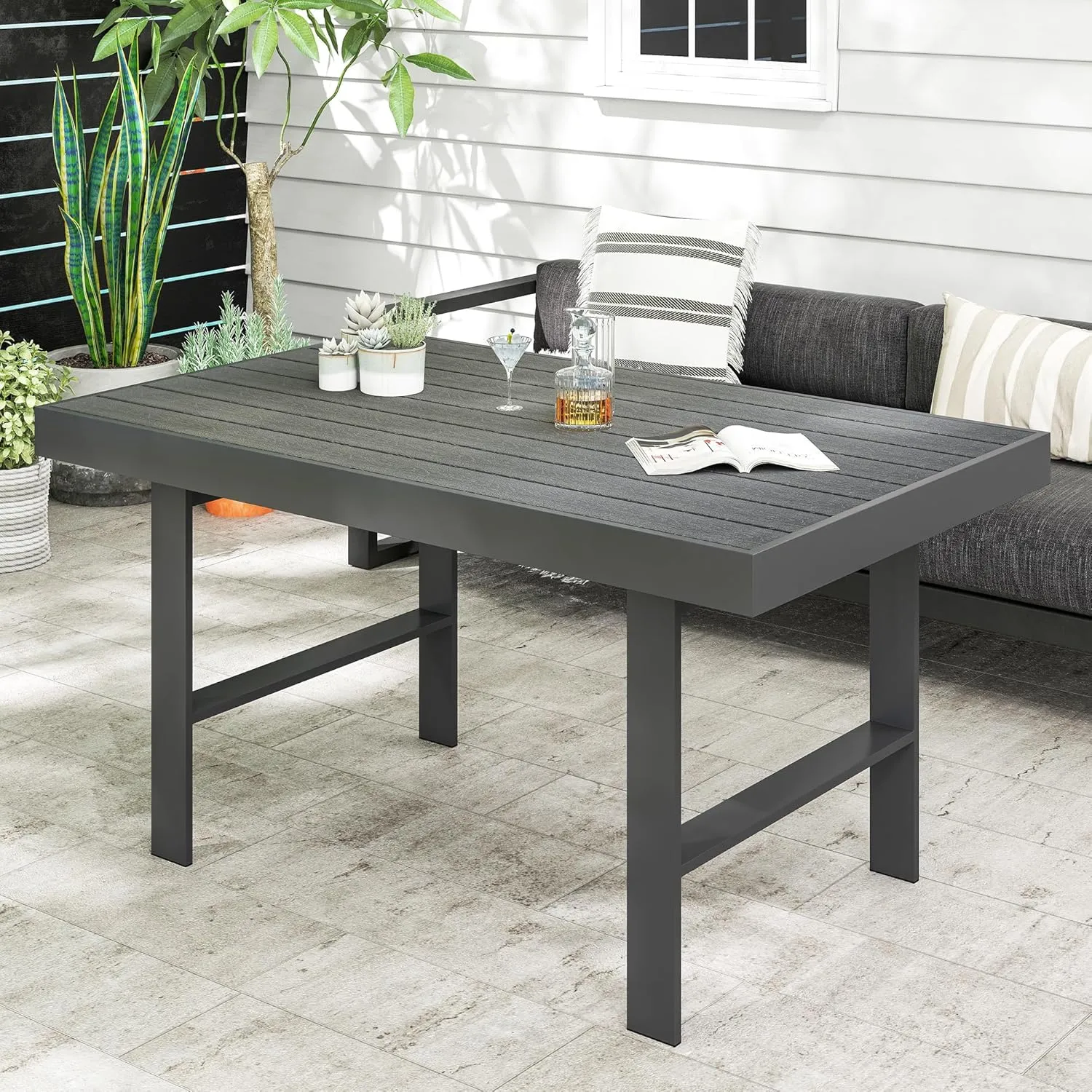 Solaste Aluminum Outdoor Dining Table, All-Weather Rectangle Metal High Patio Coffee Table for Balcony, Garden, Multifunctional Dining Table Coffee Table, Indoor or Outdoor Use, Grey/White