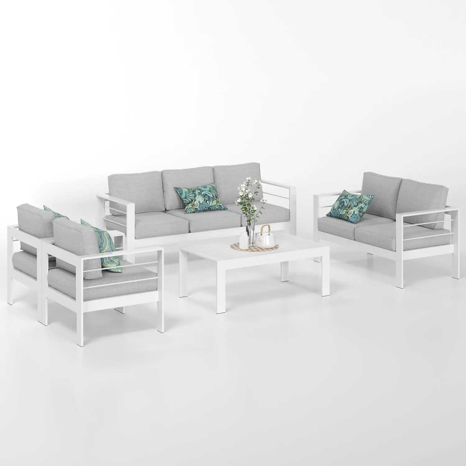 Solaste Aluminum Patio Furniture Set,7 Seats Modern Outdoor Conversation Set Sectional Sofa with Upgrade Cushion and Coffee Table,White