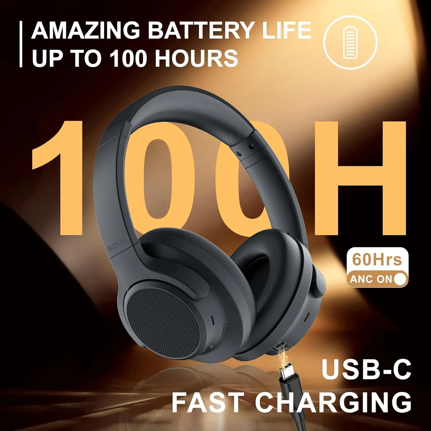 Soul Ultra Wireless Active Noise Cancelling Headphones, Wireless Over-Ear Bluetooth Headphones,100H Playtime, USB-C Quick Charging, Hi-Res Audio, Deep Bass, for Travel, Sport,Gym (Black)