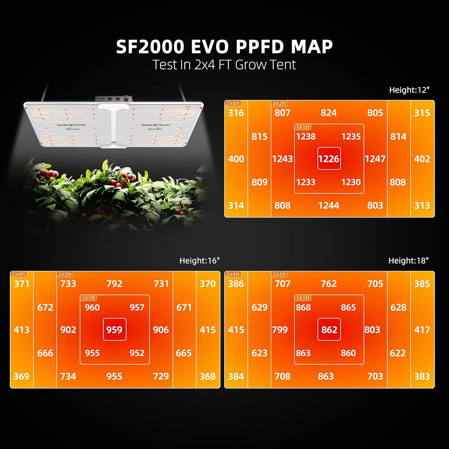 Spider Farmer 2024 New SF2000 LED Grow Light 2x4 with Samsung LM301H EVO High Efficiency & Dimmable Lighting, Full-Spectrum Commercial Plant Lights