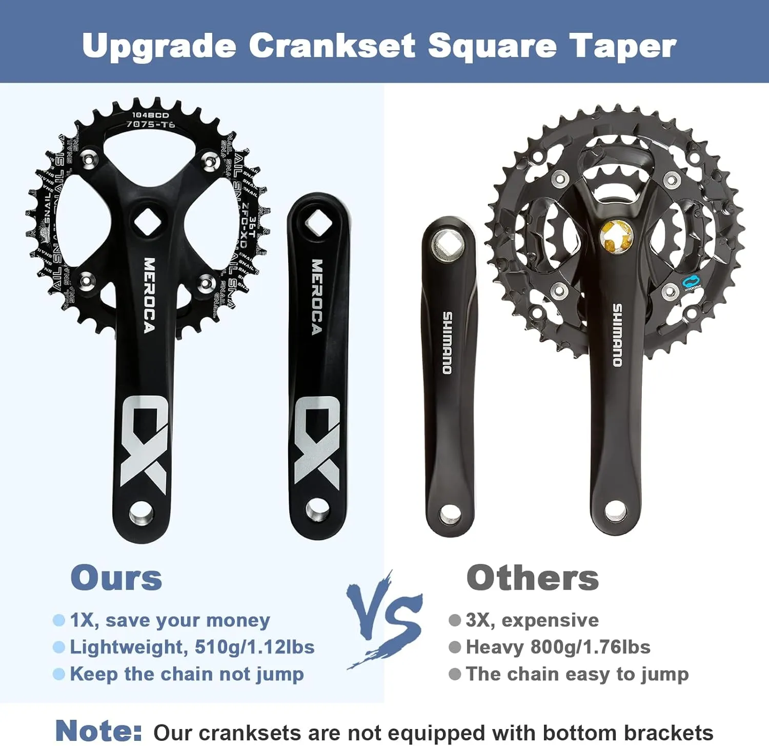 Square Taper Crankset MTB, Mountain Bike Single Speed Crankset, Bicycle Crank Arm Set 170mm 104BCD, 32T/34T/36T/38T Chainring & Bolts