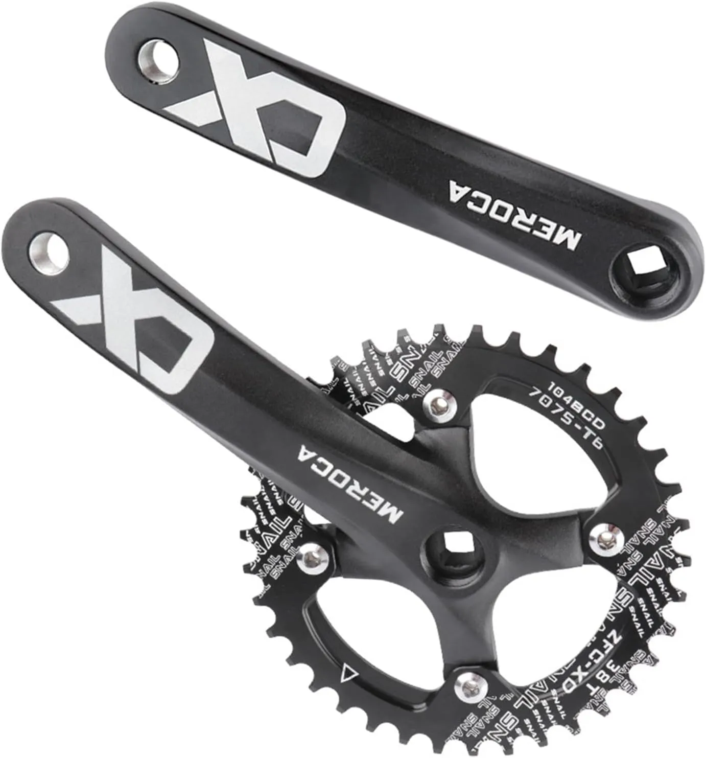 Square Taper Crankset MTB, Mountain Bike Single Speed Crankset, Bicycle Crank Arm Set 170mm 104BCD, 32T/34T/36T/38T Chainring & Bolts