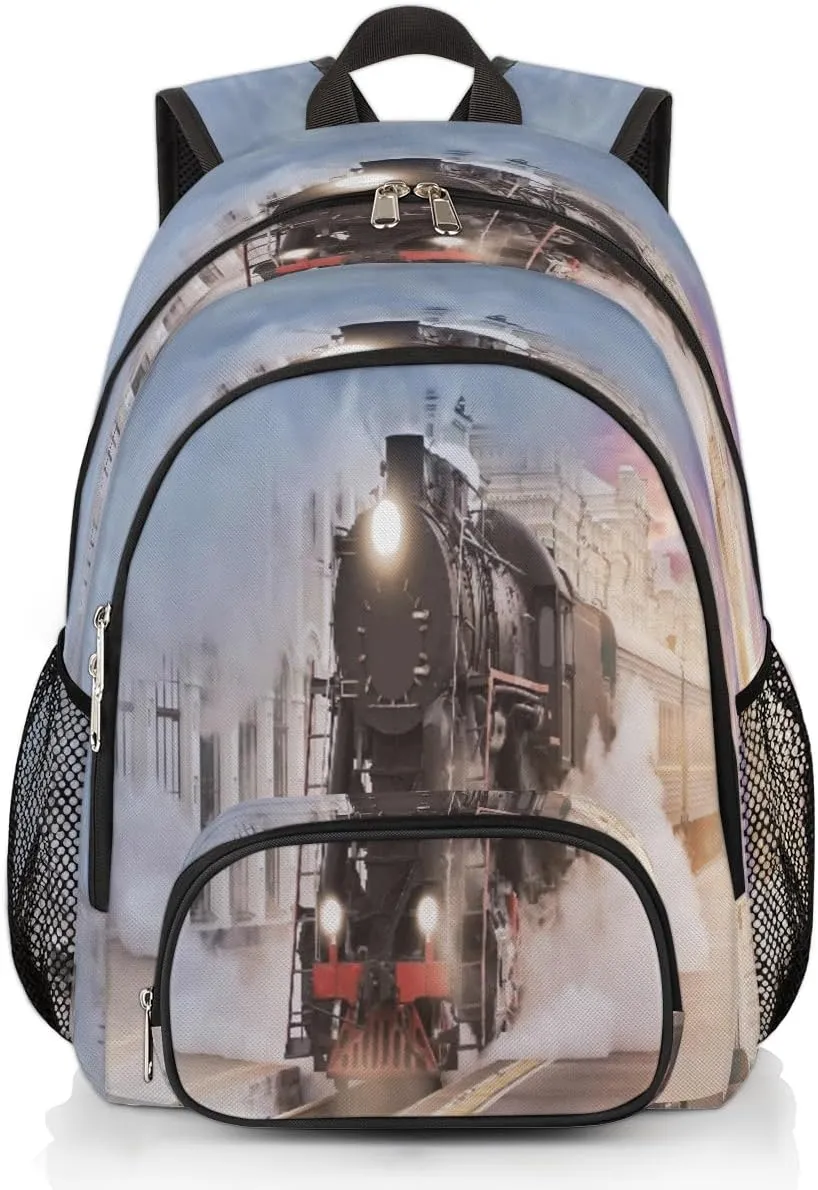 Steam Train Departure Backpack for Women Men Travel Casual Daypack Laptop iPad Tablet Shoulder Bag Lightweight Backpack with Multiple Pockets