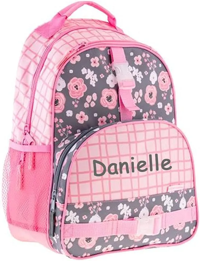 Stephen Joseph Personalized Backpack - Flowers Book Bag - Pink and Gray All Over Print - Kids Back to School Supplies - Vacation Daypack - Custom Name