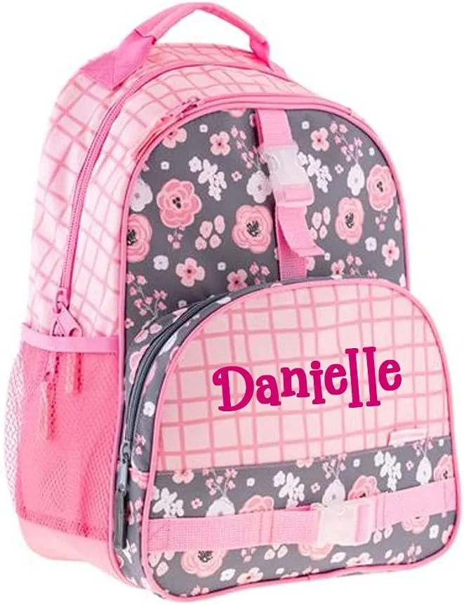 Stephen Joseph Personalized Backpack - Flowers Book Bag - Pink and Gray All Over Print - Kids Back to School Supplies - Vacation Daypack - Custom Name