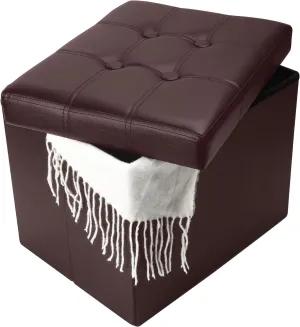 Storage Ottoman, Folding Foot Stool with Thicker Foam Padded Seat Small Leather Storage Ottoman Bench Foot Rest for Living Room Foldable Coffee Table 17x13x13in,Brown
