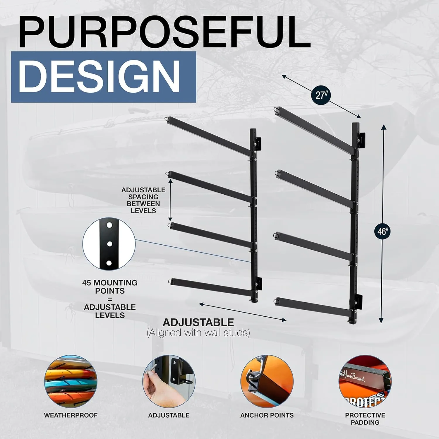StoreYourBoard Outdoor 4 Kayak Storage Rack, Wall Mount, Holds 400 lbs, All Weather Heavy-Duty Metal Organizer, Adjustable Levels