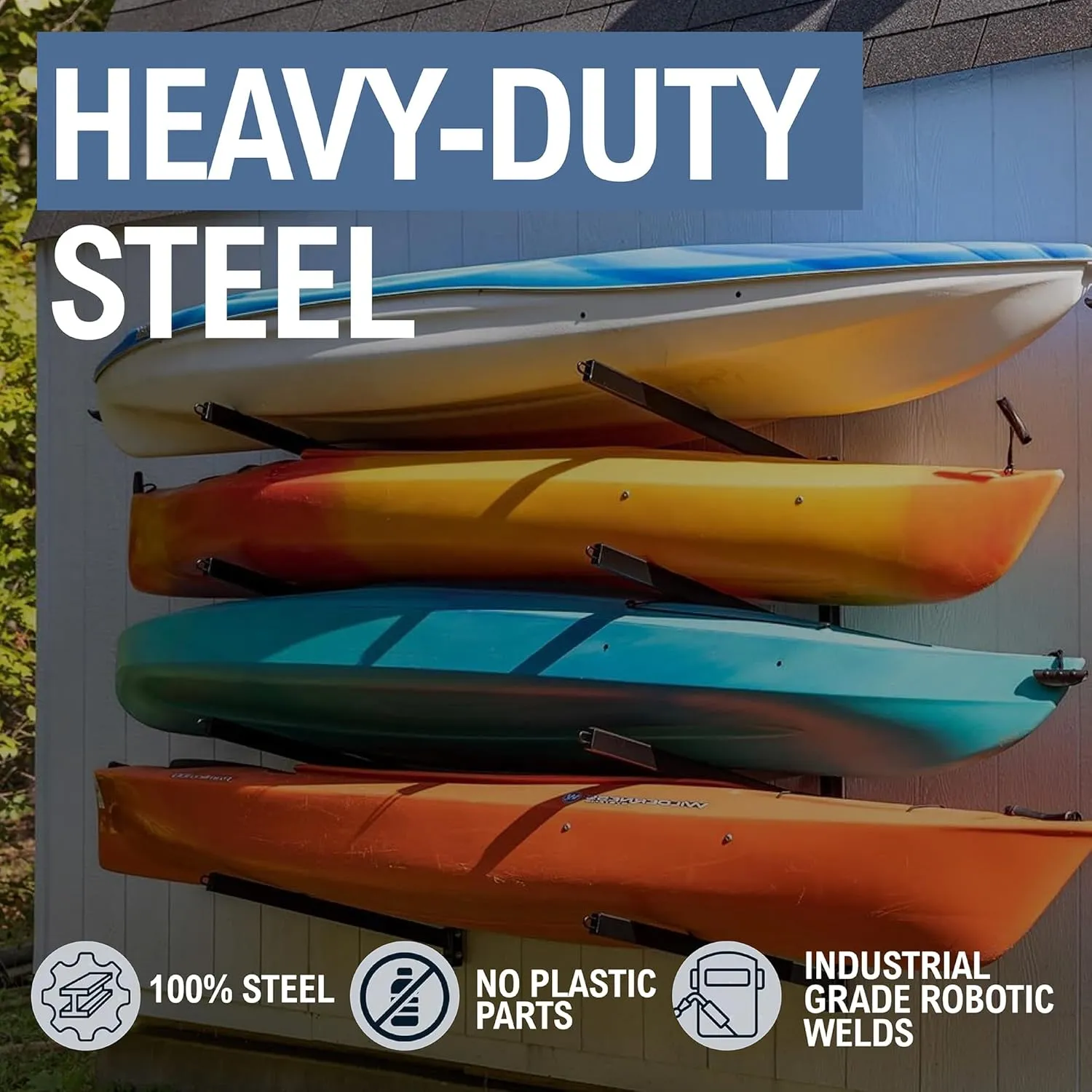 StoreYourBoard Outdoor 4 Kayak Storage Rack, Wall Mount, Holds 400 lbs, All Weather Heavy-Duty Metal Organizer, Adjustable Levels