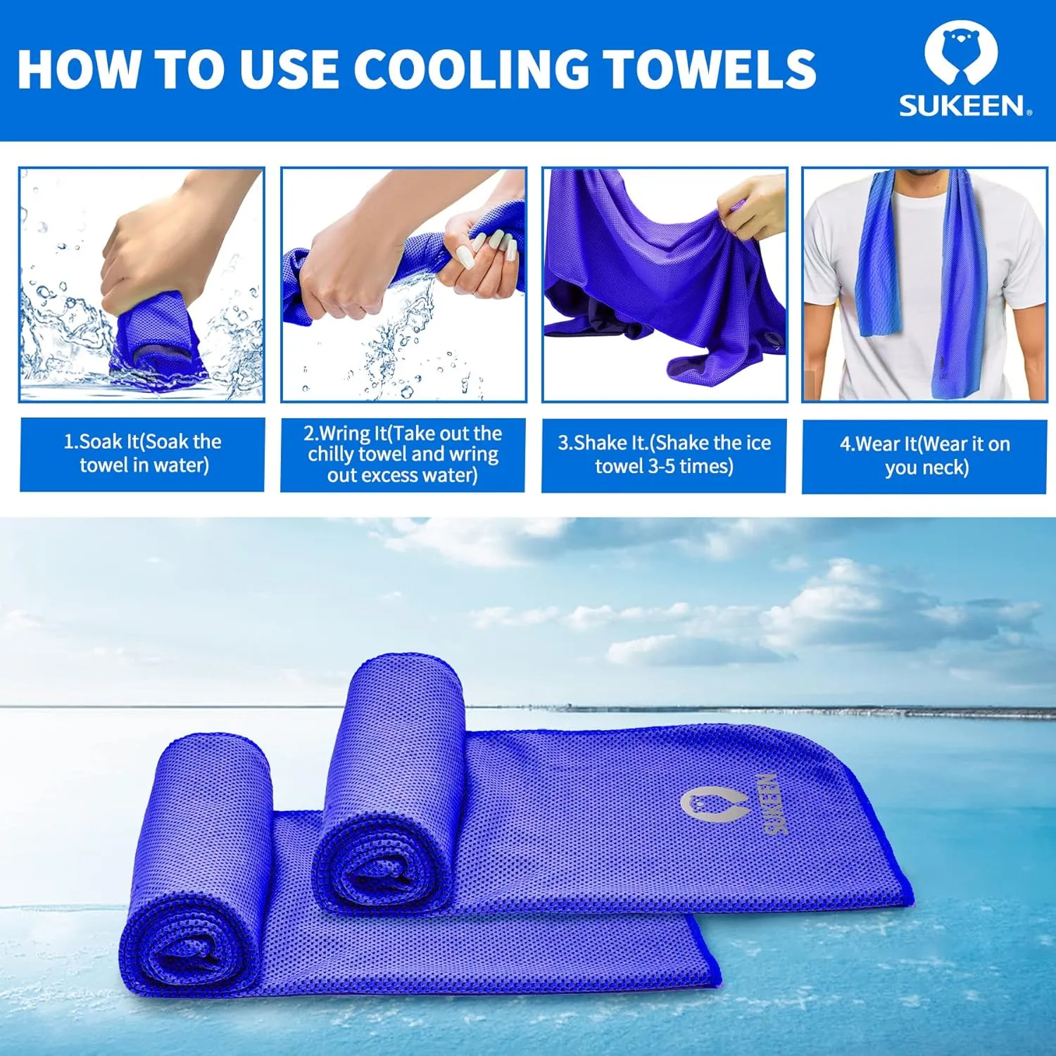 Sukeen 4 Pack Cooling Towel (40"x12"), Ice Towel, Soft Breathable Chilly Microfiber Sports Towel for Yoga, Sport, Running, Gym, Workout, Camping, Fitness, Workout & More Activities (Dark Blue)