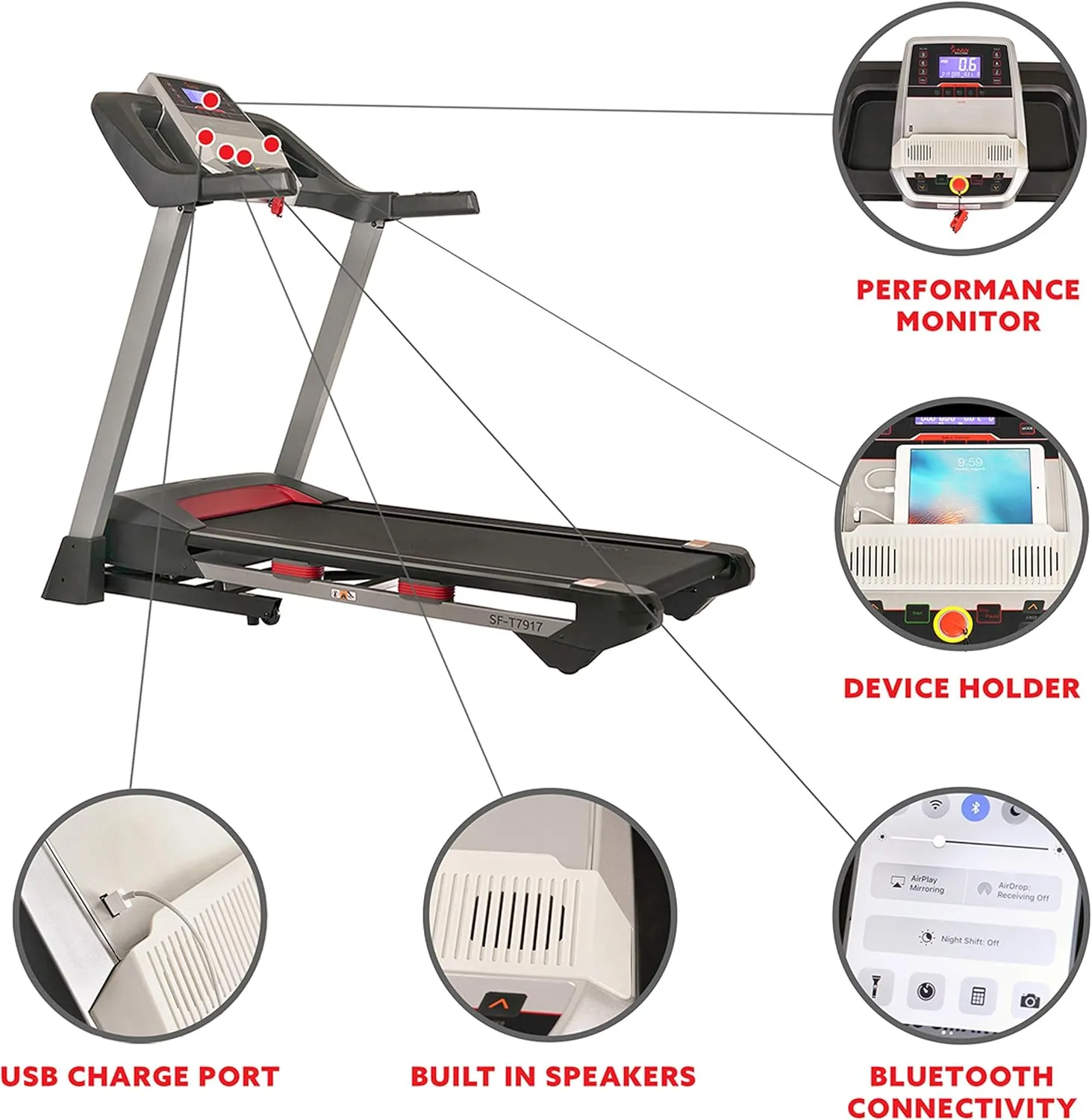 Sunny Health & Fitness Slim Foldable Treadmill Fully Assembled, 17.7" x 49" Non-Slip Running Surface, 2.5 HP Motor, Speeds up to 8 MPH, Shock-Absorption, Device Holder, Digital Monitor, & Easy Storage