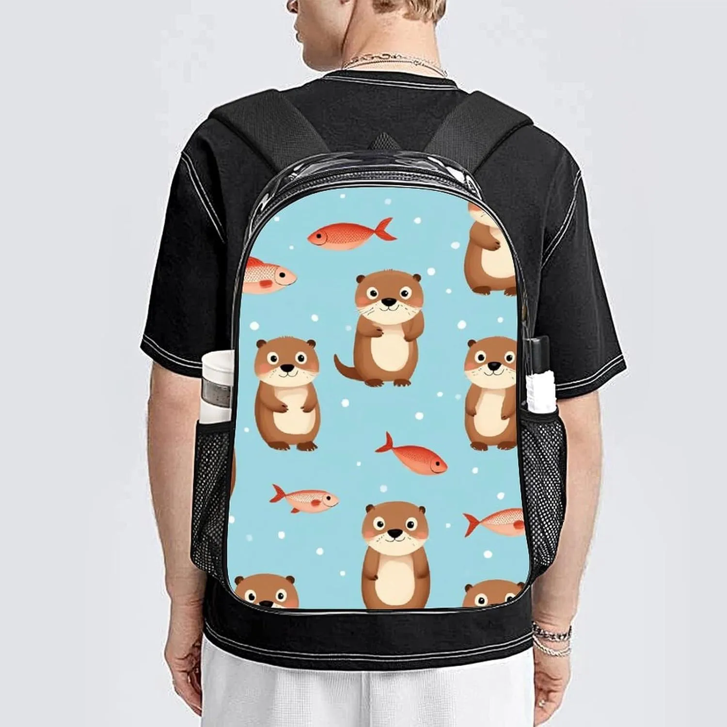 Supdreamc Adults Lightweight Cute Otter Fish Pattern Rucksacks Large Capacity Bookbag Transparent Bag for Trekking Outdoors Bicycle