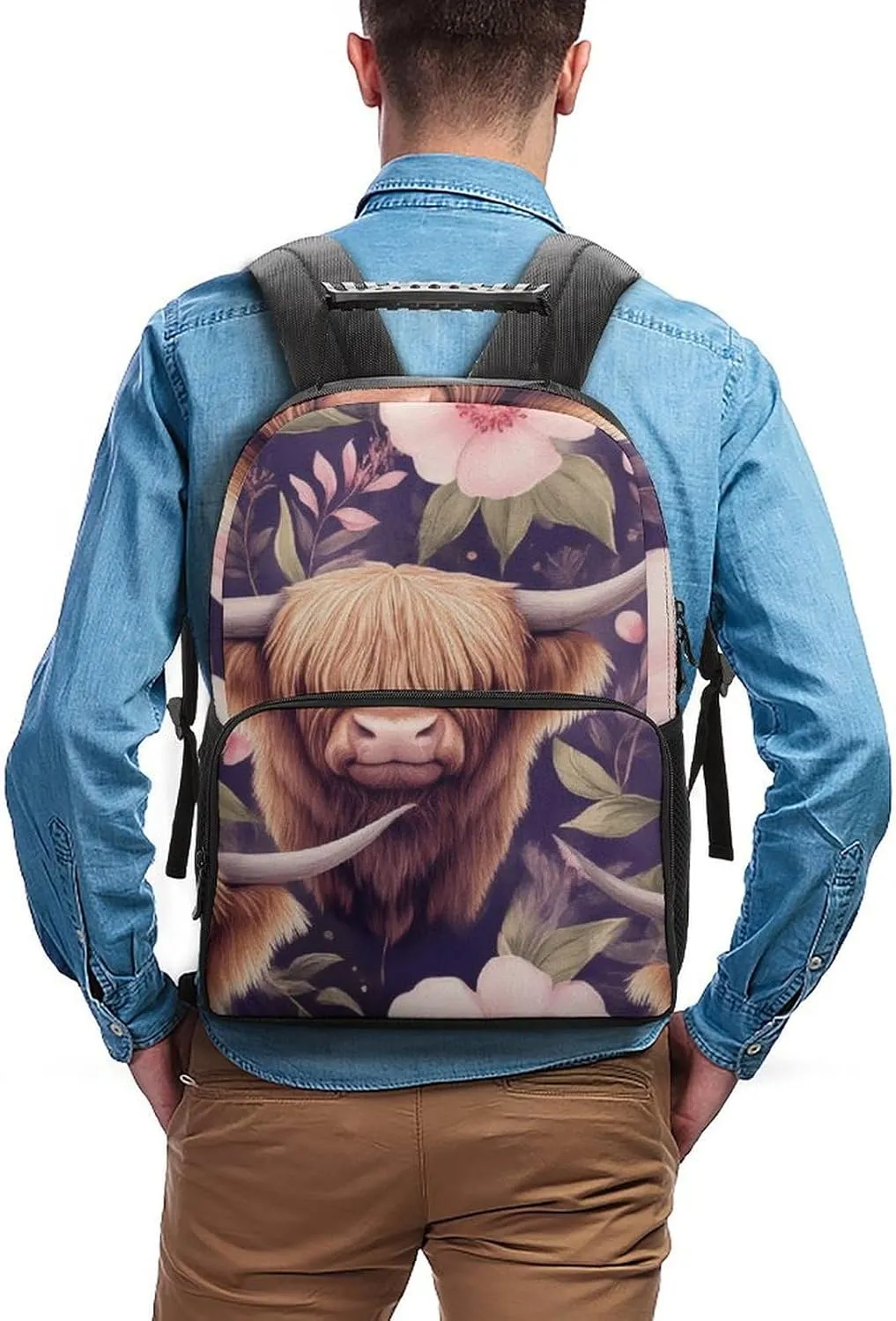 Supdreamc Highland Cow Pink Flowers Art Shoulder Book Bags Polyester Multipurpose Anti-Theft Carry On Bag Large Capacity Travel Hiking & Camping Rucksack