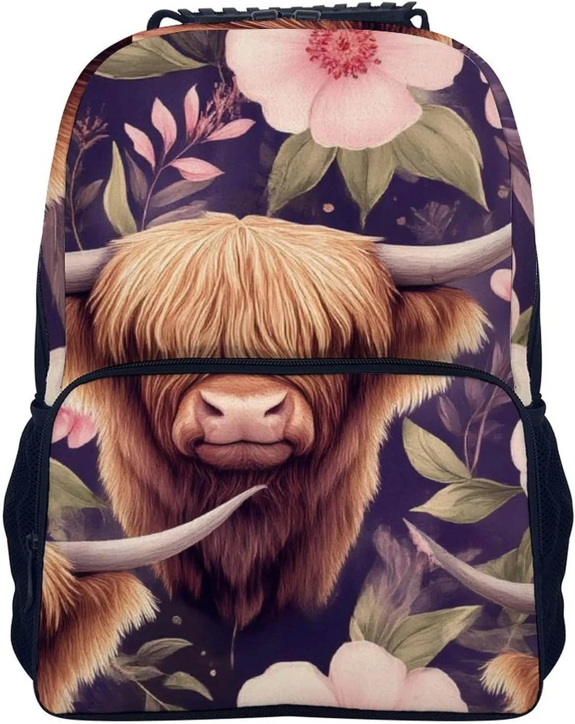Supdreamc Highland Cow Pink Flowers Art Shoulder Book Bags Polyester Multipurpose Anti-Theft Carry On Bag Large Capacity Travel Hiking & Camping Rucksack