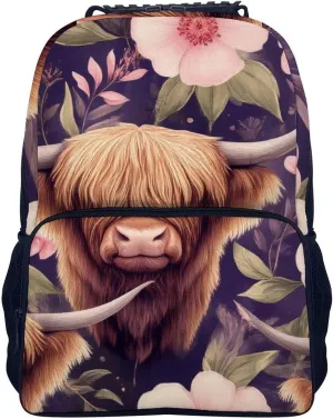 Supdreamc Highland Cow Pink Flowers Art Shoulder Book Bags Polyester Multipurpose Anti-Theft Carry On Bag Large Capacity Travel Hiking & Camping Rucksack