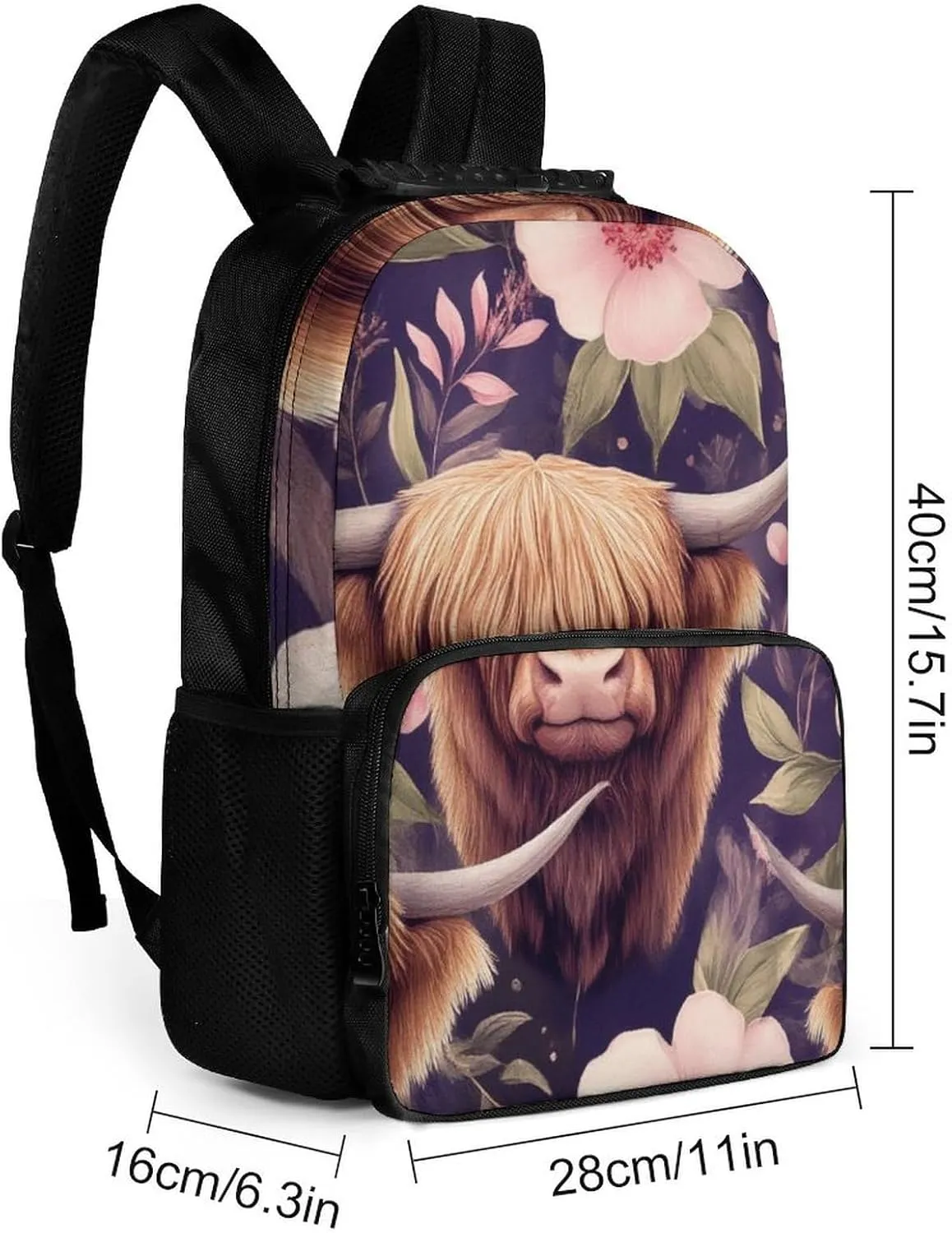 Supdreamc Highland Cow Pink Flowers Art Shoulder Book Bags Polyester Multipurpose Anti-Theft Carry On Bag Large Capacity Travel Hiking & Camping Rucksack
