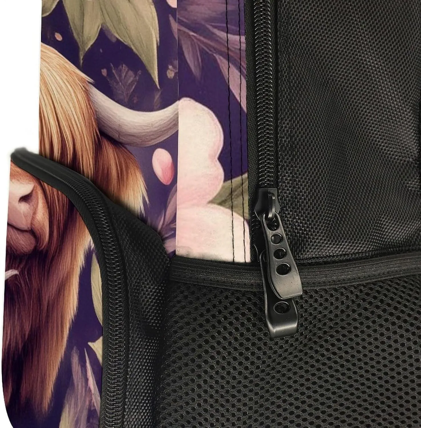 Supdreamc Highland Cow Pink Flowers Art Shoulder Book Bags Polyester Multipurpose Anti-Theft Carry On Bag Large Capacity Travel Hiking & Camping Rucksack