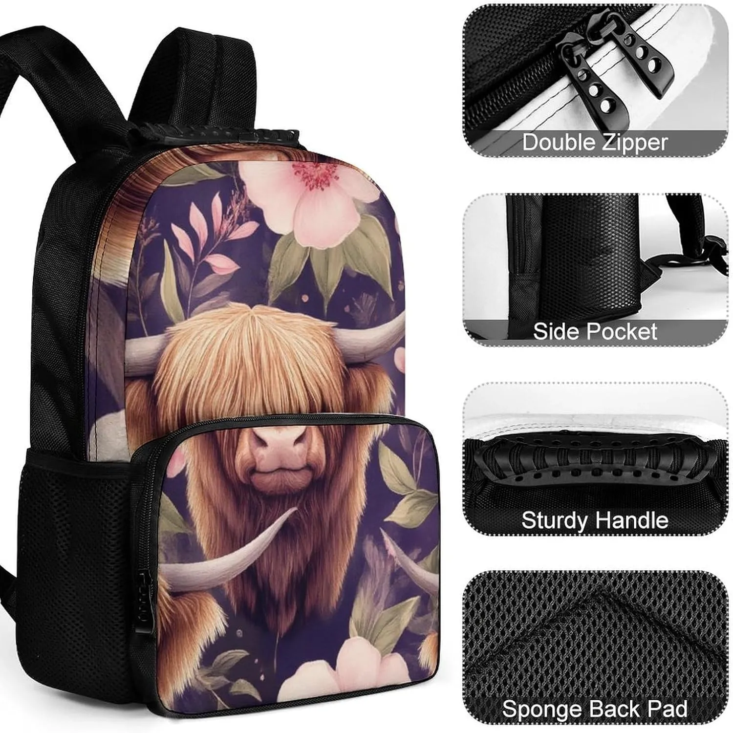 Supdreamc Highland Cow Pink Flowers Art Shoulder Book Bags Polyester Multipurpose Anti-Theft Carry On Bag Large Capacity Travel Hiking & Camping Rucksack