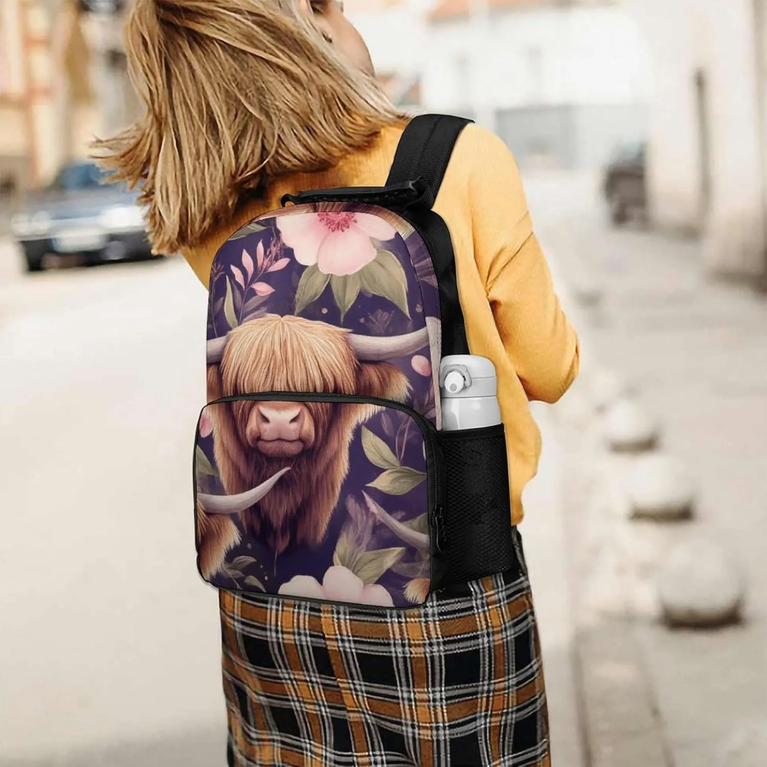 Supdreamc Highland Cow Pink Flowers Art Shoulder Book Bags Polyester Multipurpose Anti-Theft Carry On Bag Large Capacity Travel Hiking & Camping Rucksack