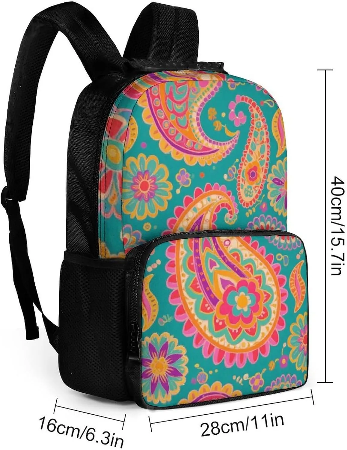 Supdreamc Men & Women Polyester Colorful Flowers Leaves Paisley Art Backpack Large Capacity Bookbag With Smooth Zippers for Climbing Picnic Bicycle