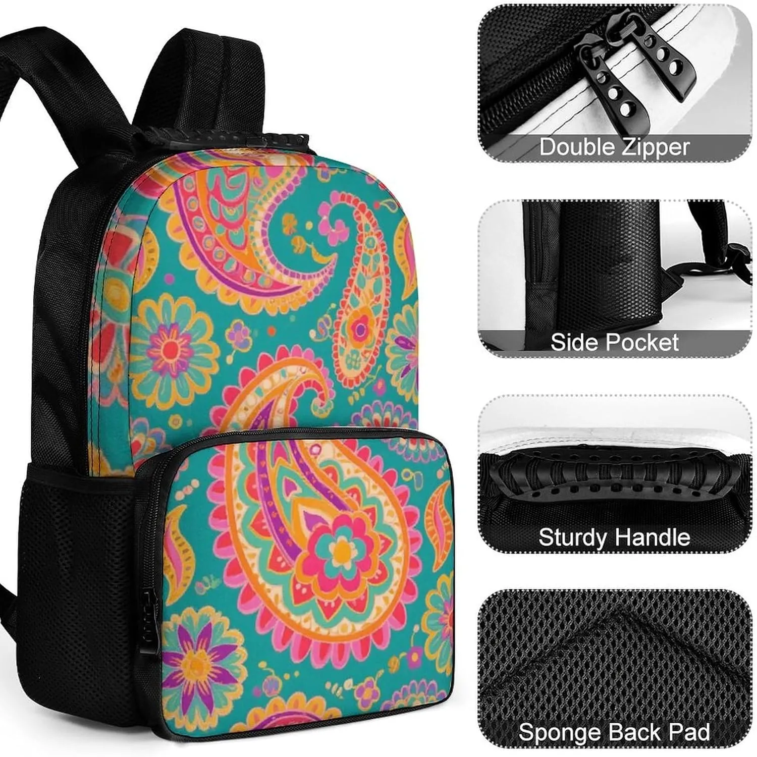 Supdreamc Men & Women Polyester Colorful Flowers Leaves Paisley Art Backpack Large Capacity Bookbag With Smooth Zippers for Climbing Picnic Bicycle