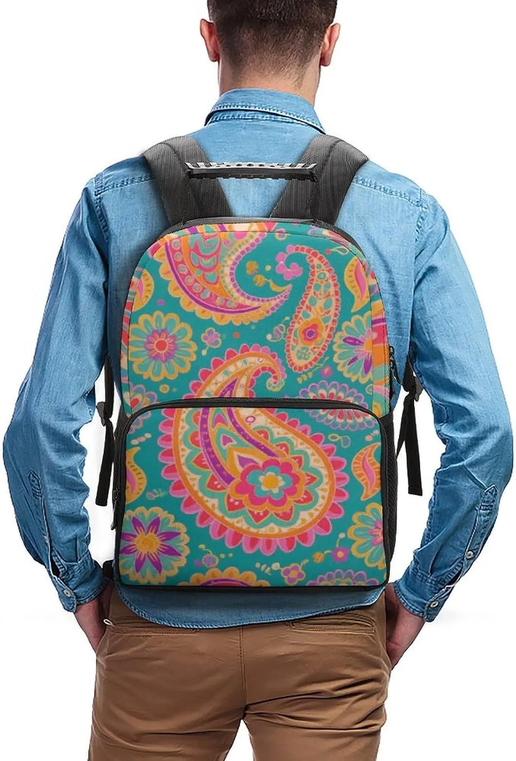 Supdreamc Men & Women Polyester Colorful Flowers Leaves Paisley Art Backpack Large Capacity Bookbag With Smooth Zippers for Climbing Picnic Bicycle