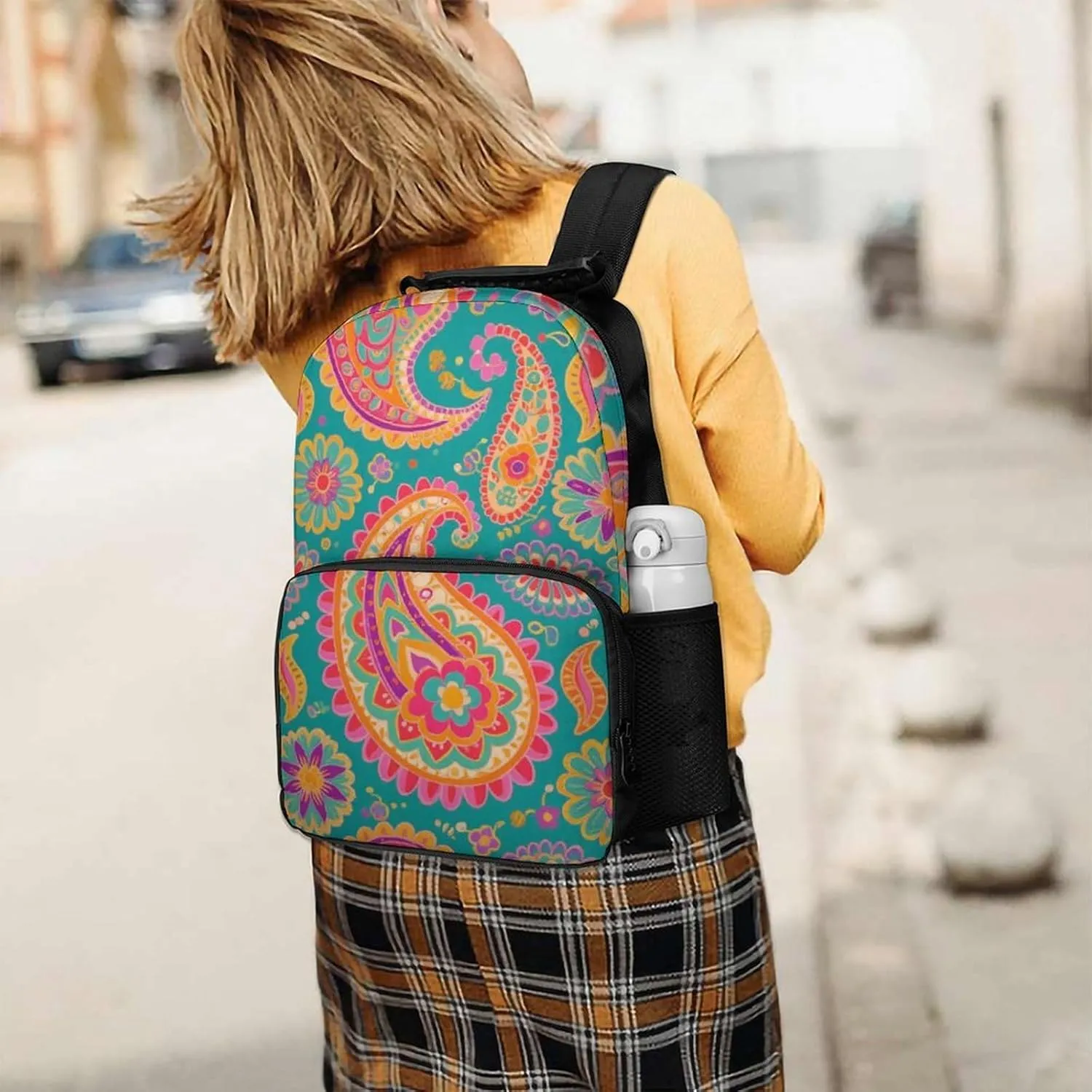 Supdreamc Men & Women Polyester Colorful Flowers Leaves Paisley Art Backpack Large Capacity Bookbag With Smooth Zippers for Climbing Picnic Bicycle