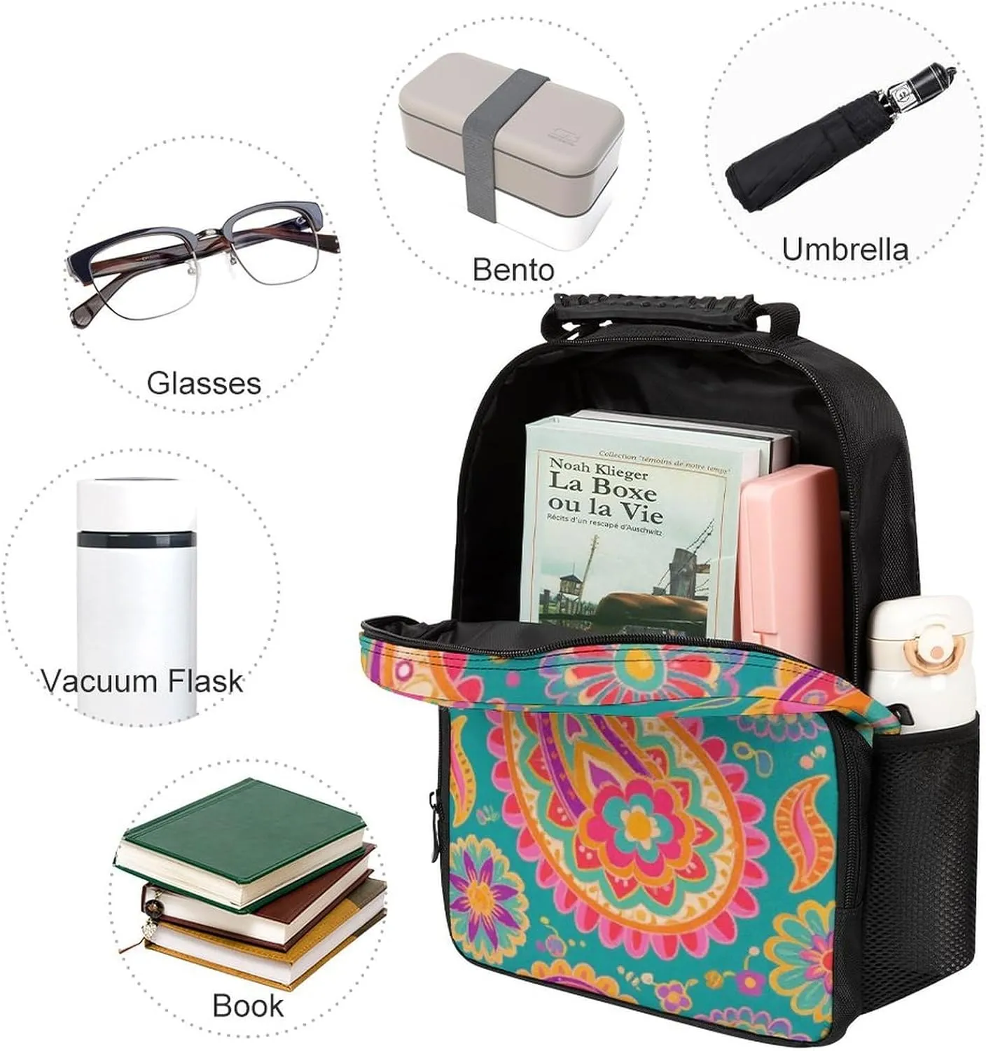 Supdreamc Men & Women Polyester Colorful Flowers Leaves Paisley Art Backpack Large Capacity Bookbag With Smooth Zippers for Climbing Picnic Bicycle