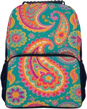 Supdreamc Men & Women Polyester Colorful Flowers Leaves Paisley Art Backpack Large Capacity Bookbag With Smooth Zippers for Climbing Picnic Bicycle