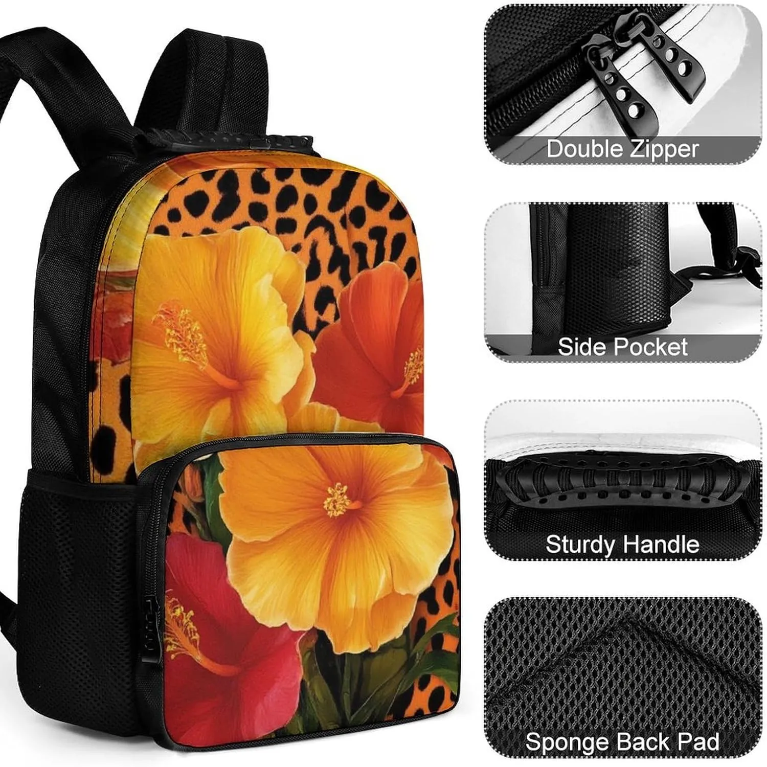 Supdreamc Men Women Lightweight Orange Yellow Flower Floral Cheetah Leopard Print Backpack Large Capacity Bookbag With Smooth Zippers for Gym Business Running