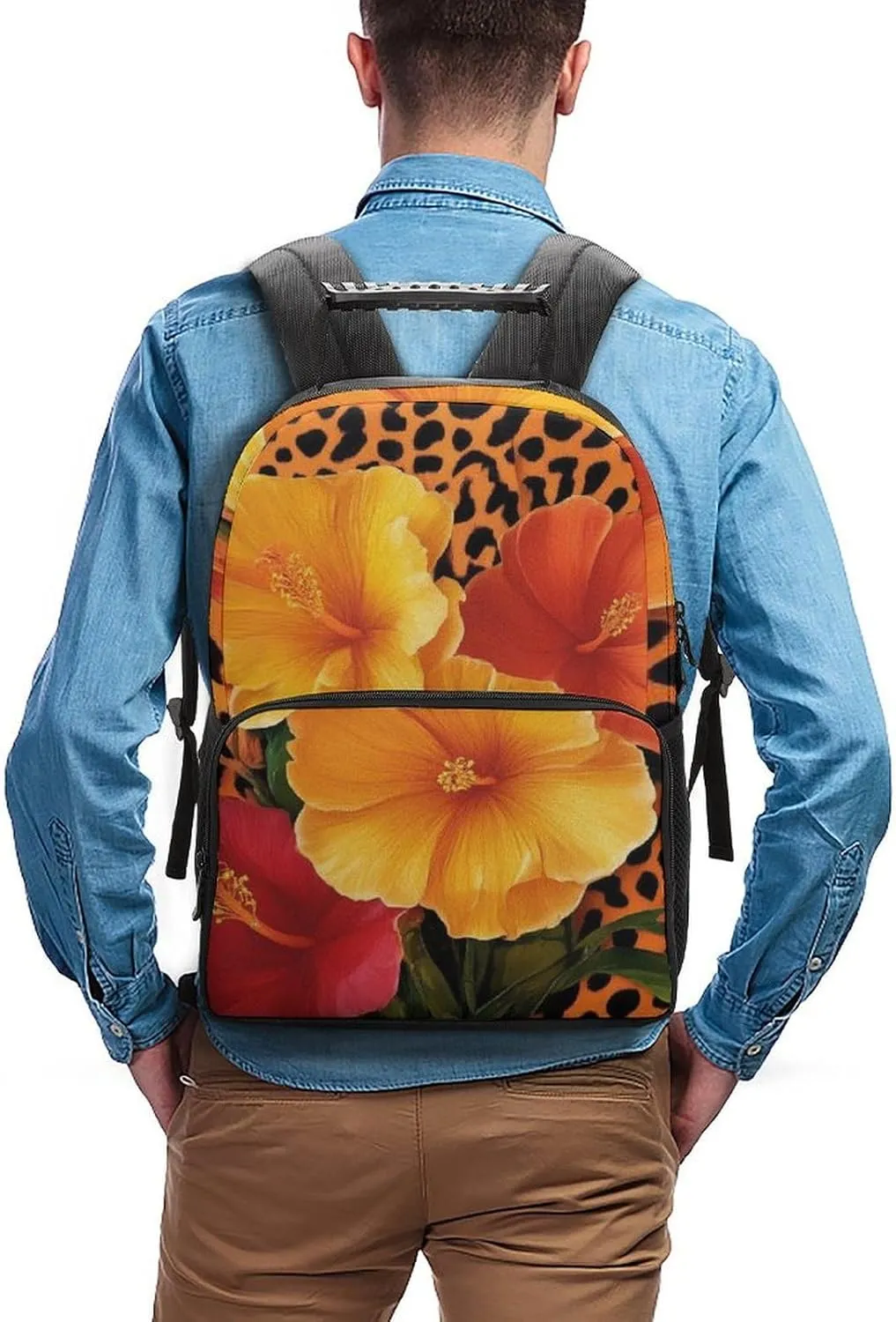 Supdreamc Men Women Lightweight Orange Yellow Flower Floral Cheetah Leopard Print Backpack Large Capacity Bookbag With Smooth Zippers for Gym Business Running