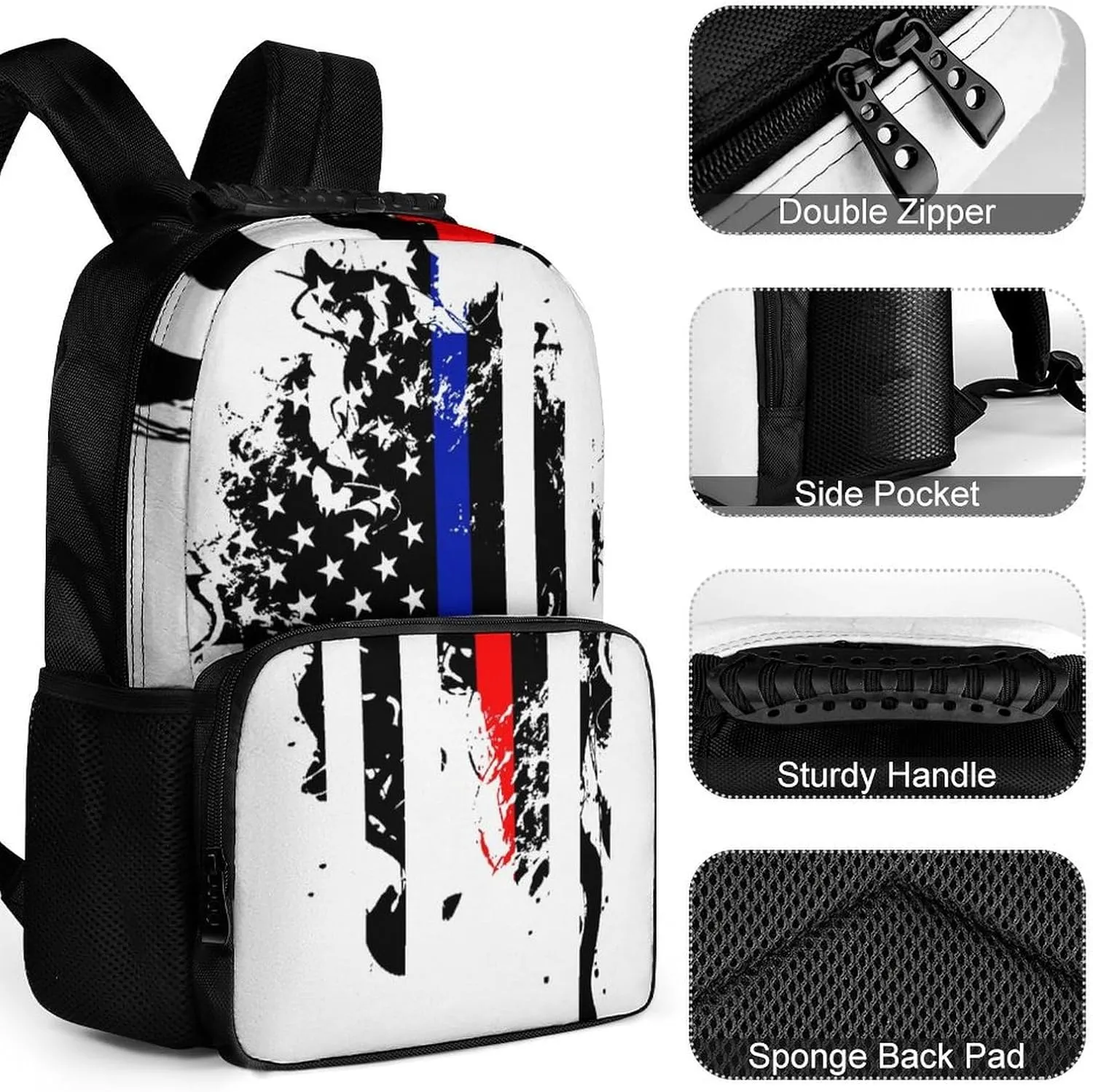 Supdreamc Men Women Polyester Red Blue Line American Flag Black White Daypack Big Capacity Shoulder Bag With Smooth Zippers for Hiking Work Walking Cycling